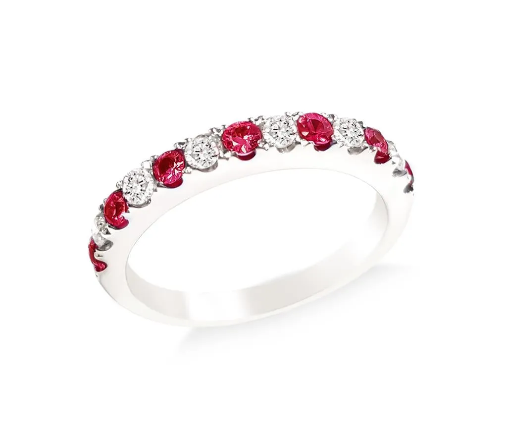 14K White Gold Alternating Diamond And Ruby Band