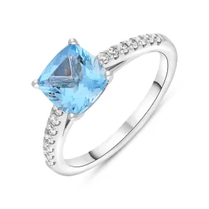 18ct White Gold Santa Maria Aquamarine Diamond Cushion Pave Should Ring