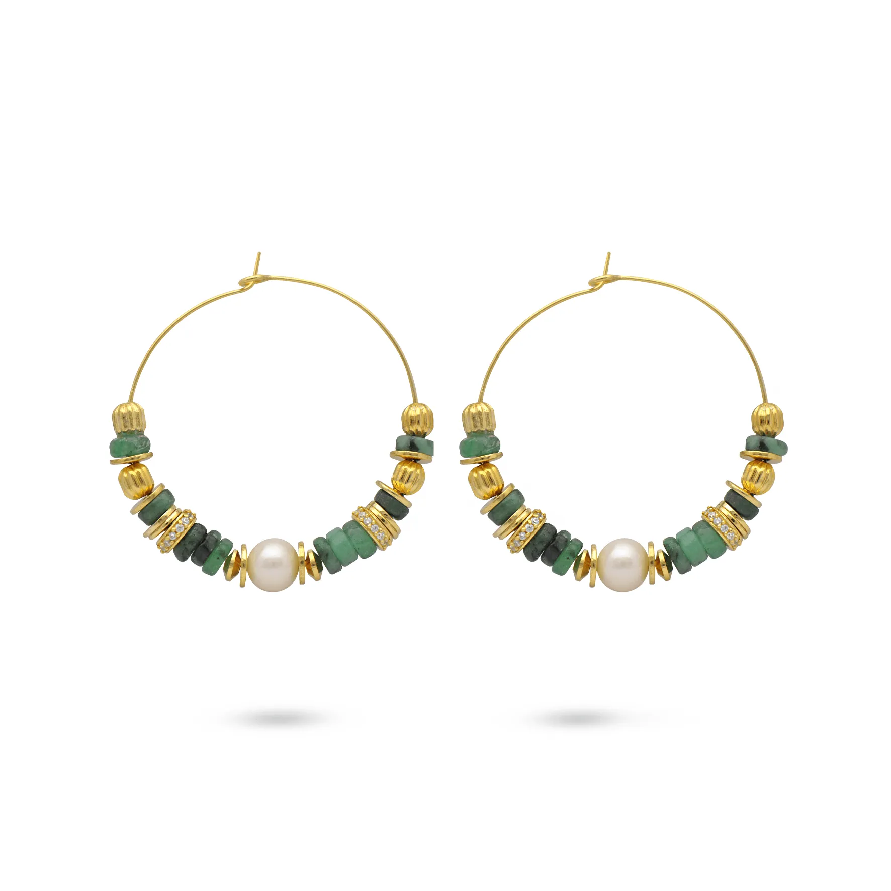 18k yellow gold earrings set with emerald and pearl