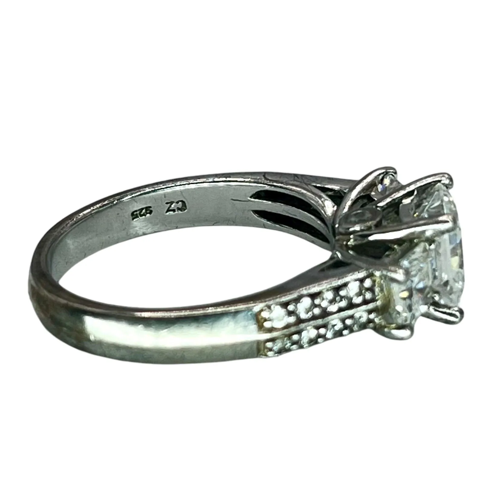 925 Silver Princess Cut Prong Setting 3 Stone CZ Ring Sz 6.75 Engagement Bridal