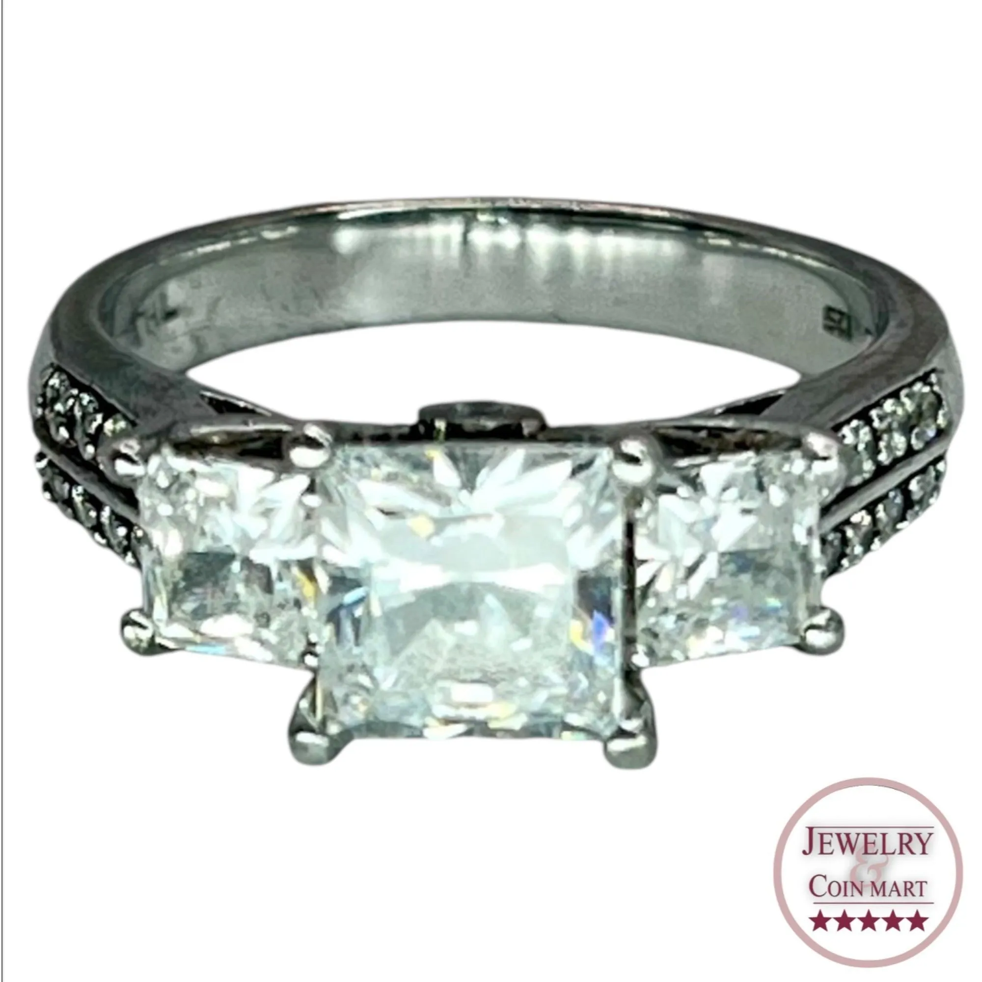 925 Silver Princess Cut Prong Setting 3 Stone CZ Ring Sz 6.75 Engagement Bridal