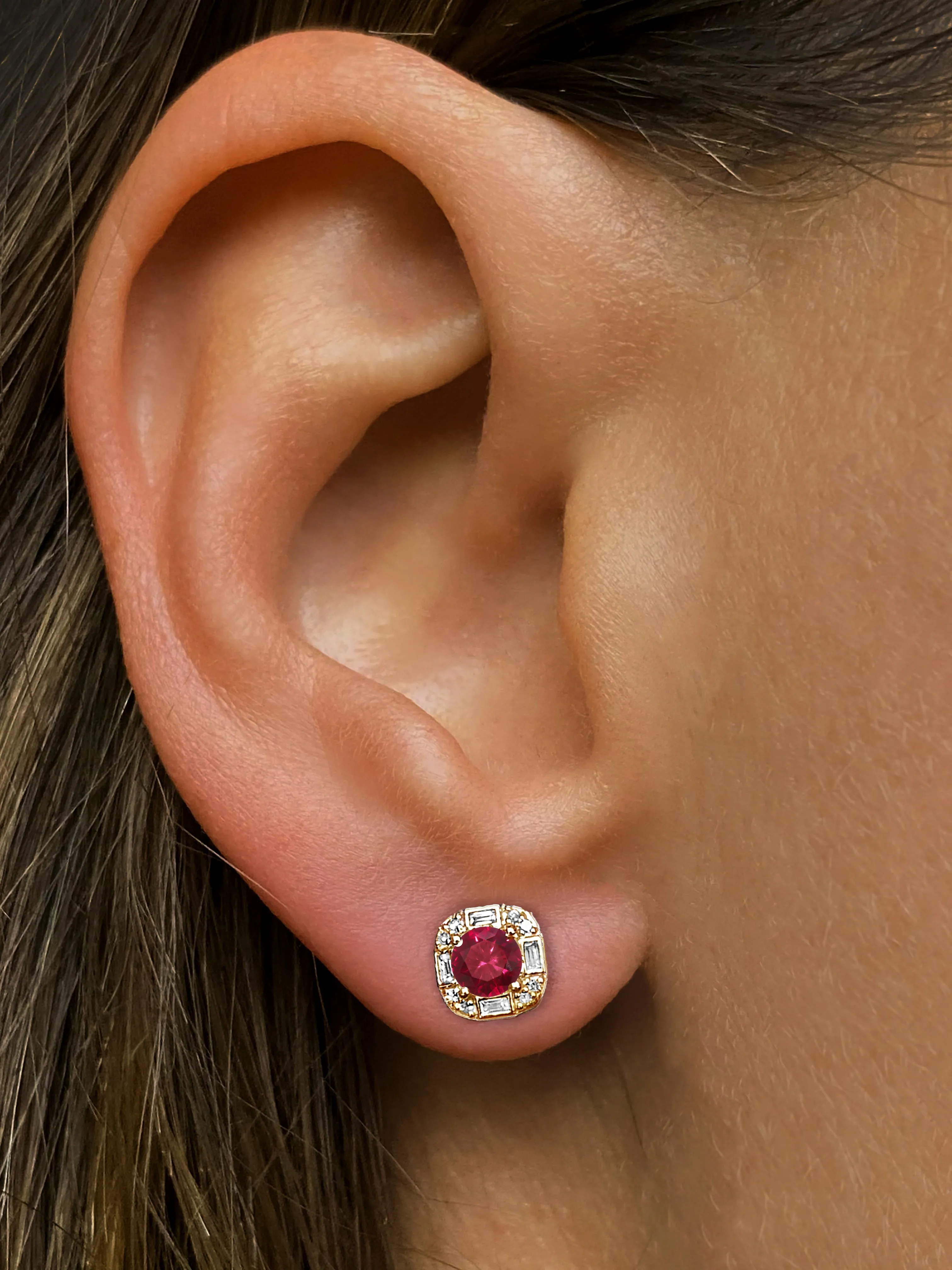 9k Yellow Gold Earrings Set with HSI Diamond, Ruby and White Topaz