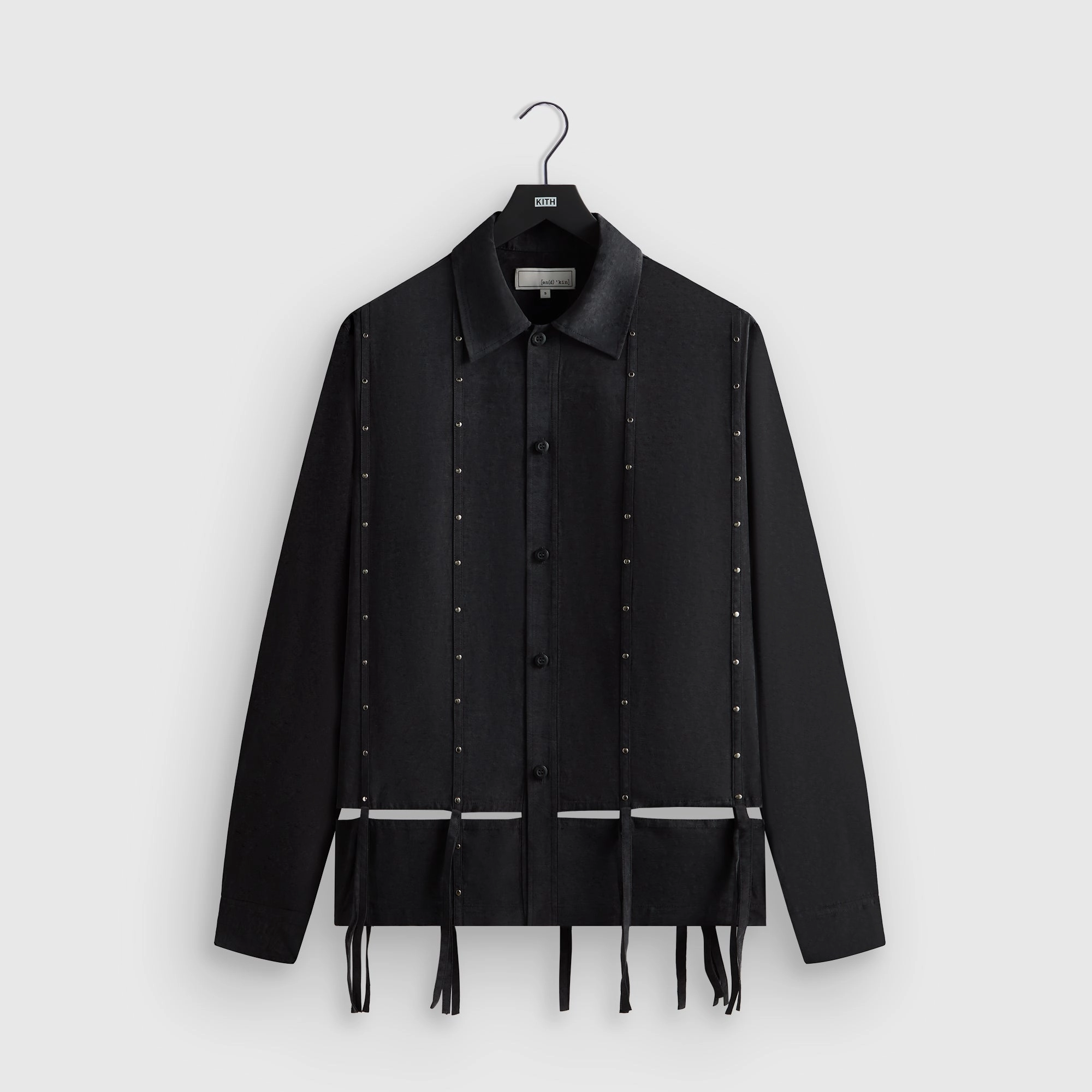 &Kin Ribbon Long Sleeve Boxy Collared Overshirt - Black Persistent Prestigious