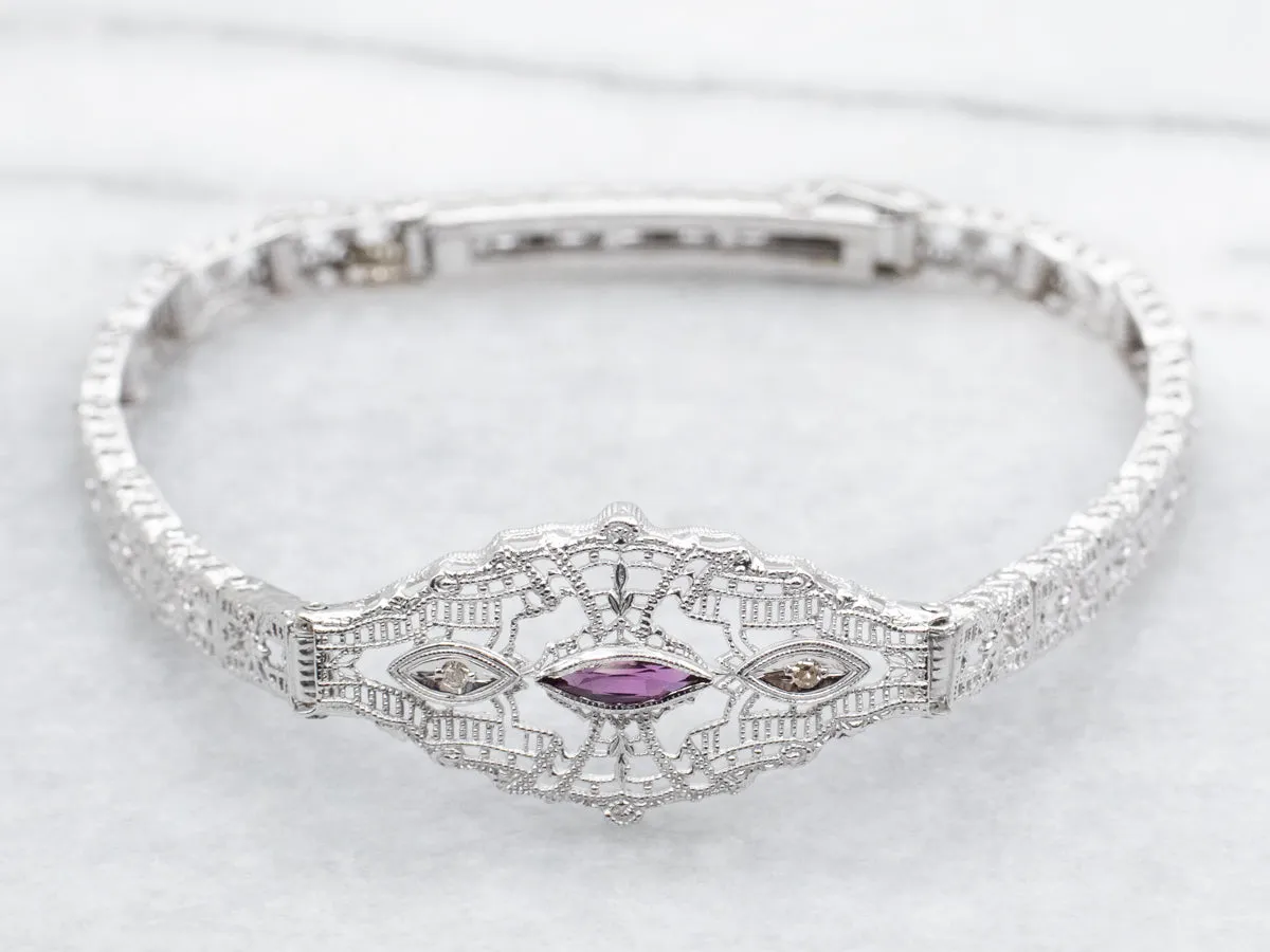 Art Deco Rhodolite Garnet and Diamond Filigree Bracelet