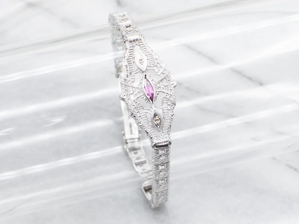 Art Deco Rhodolite Garnet and Diamond Filigree Bracelet