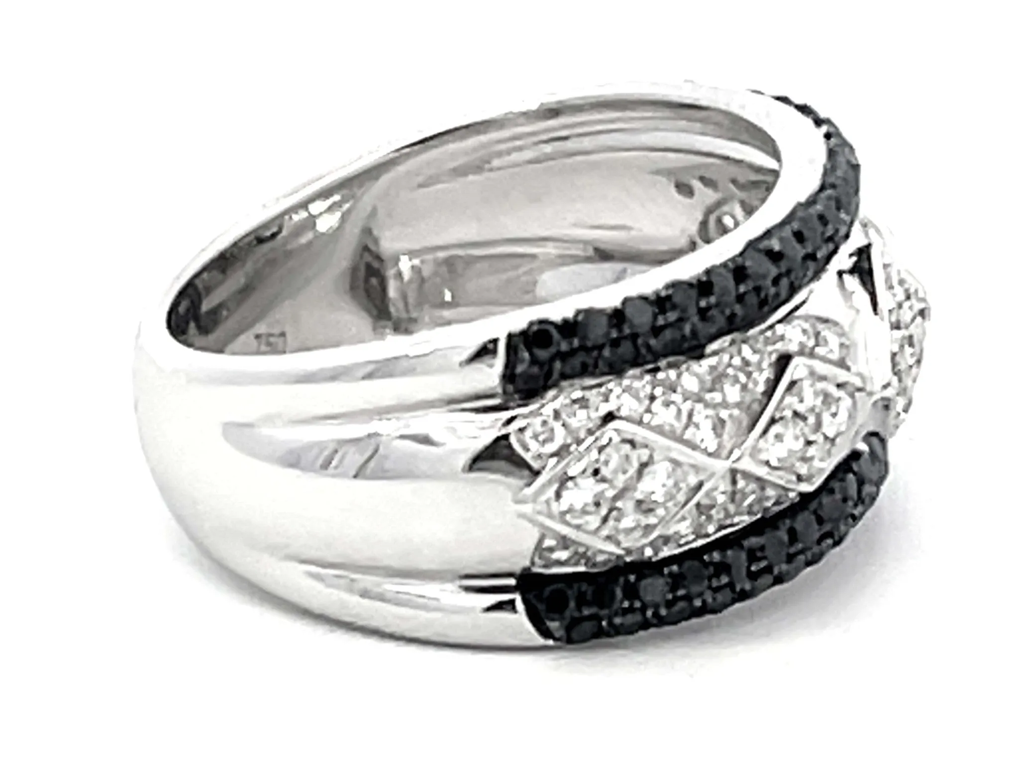 Black and White Diamond Wide Band Ring 18k White Gold