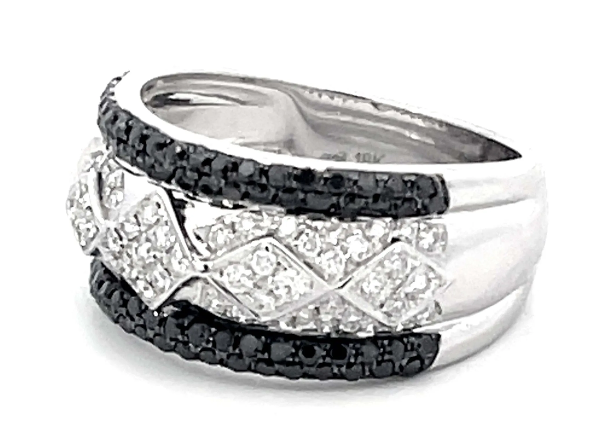 Black and White Diamond Wide Band Ring 18k White Gold