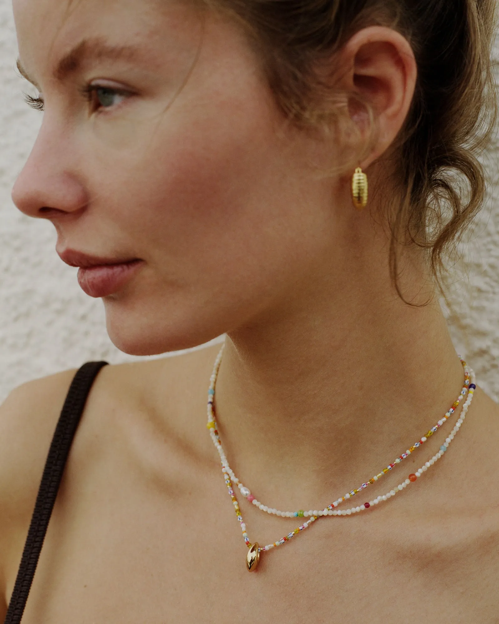Confetti Gem Gold Plated Necklace w. Mixed Coloured Beads
