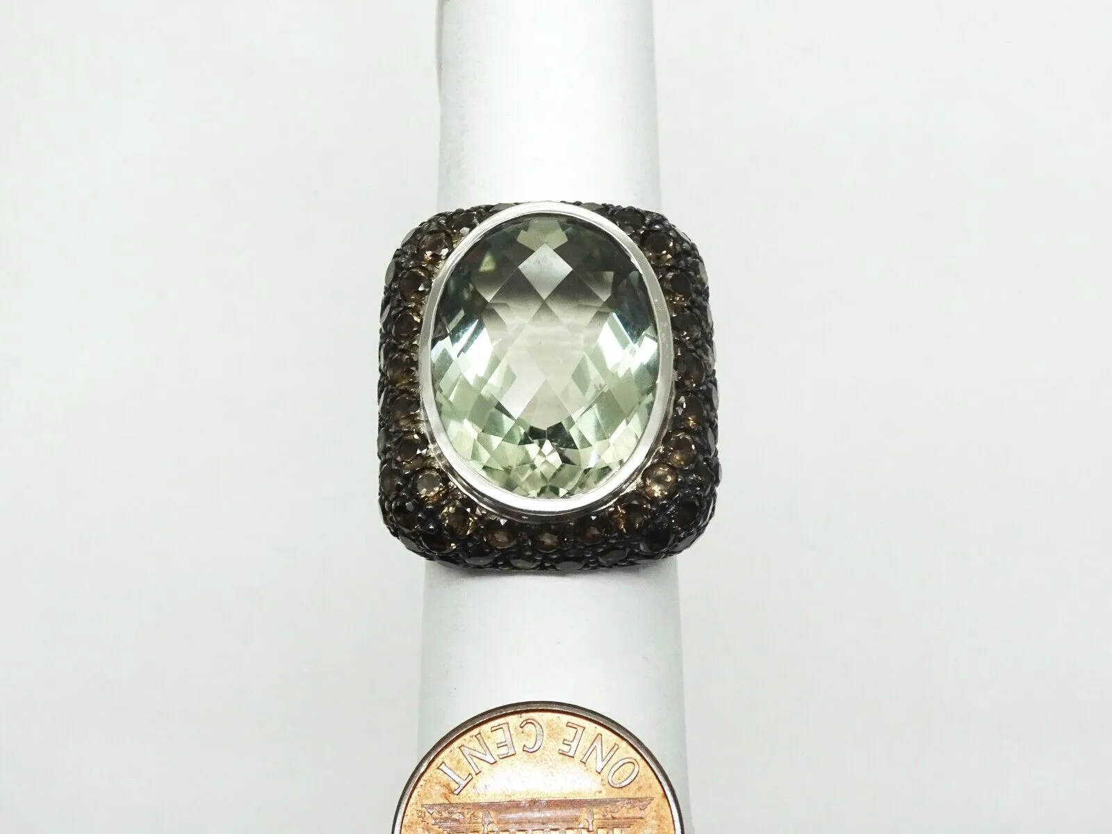 Designer 12ct Oval Prasiolite Smoky Quartz Sterling Silver Cocktail Ring Size 7