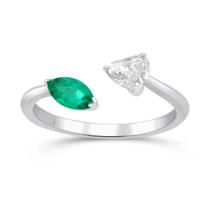 Emerald Marquise and Diamond Heart Open Ring - WG