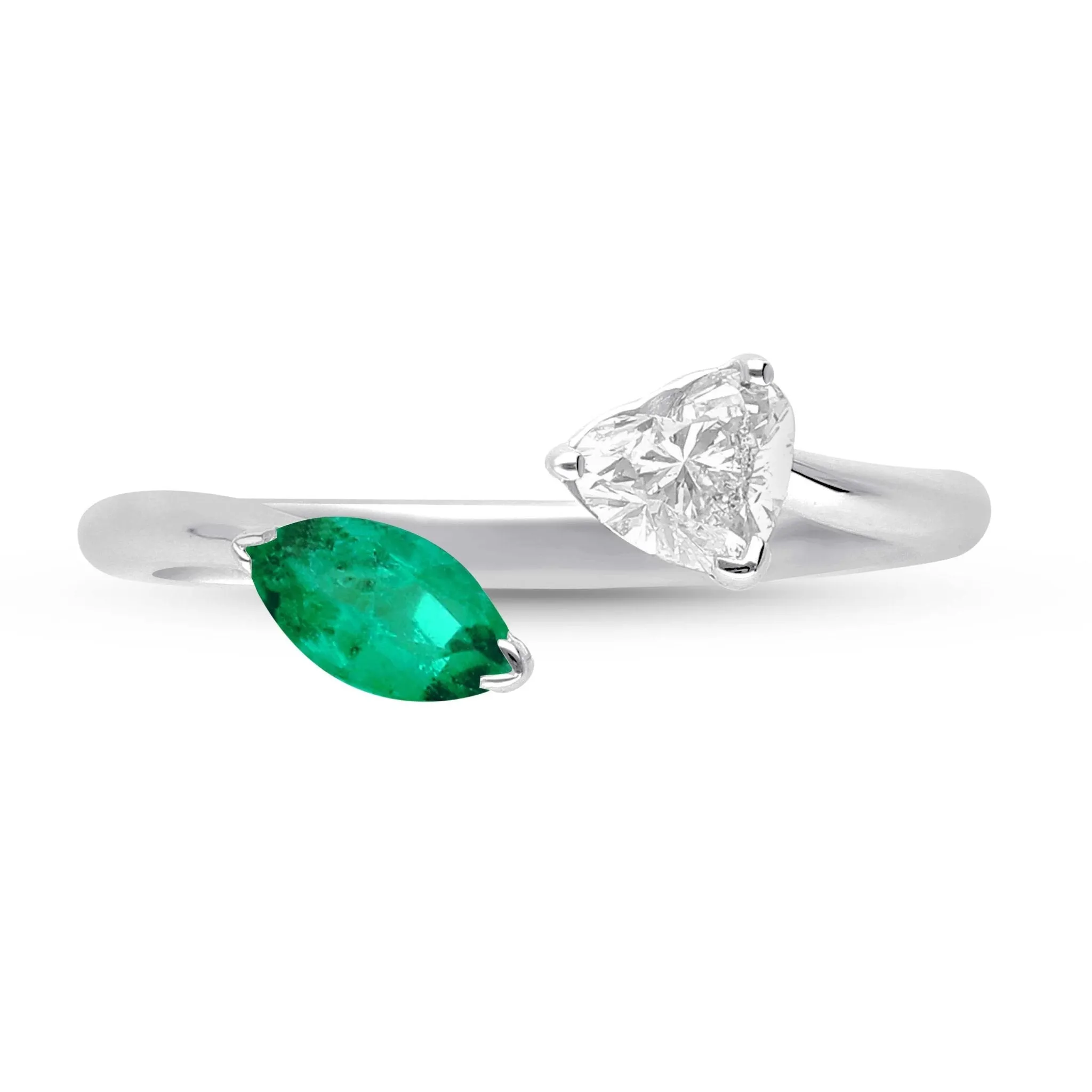 Emerald Marquise and Diamond Heart Open Ring - WG