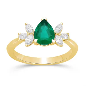 Emerald Pear Shape and Diamond Ring - YG