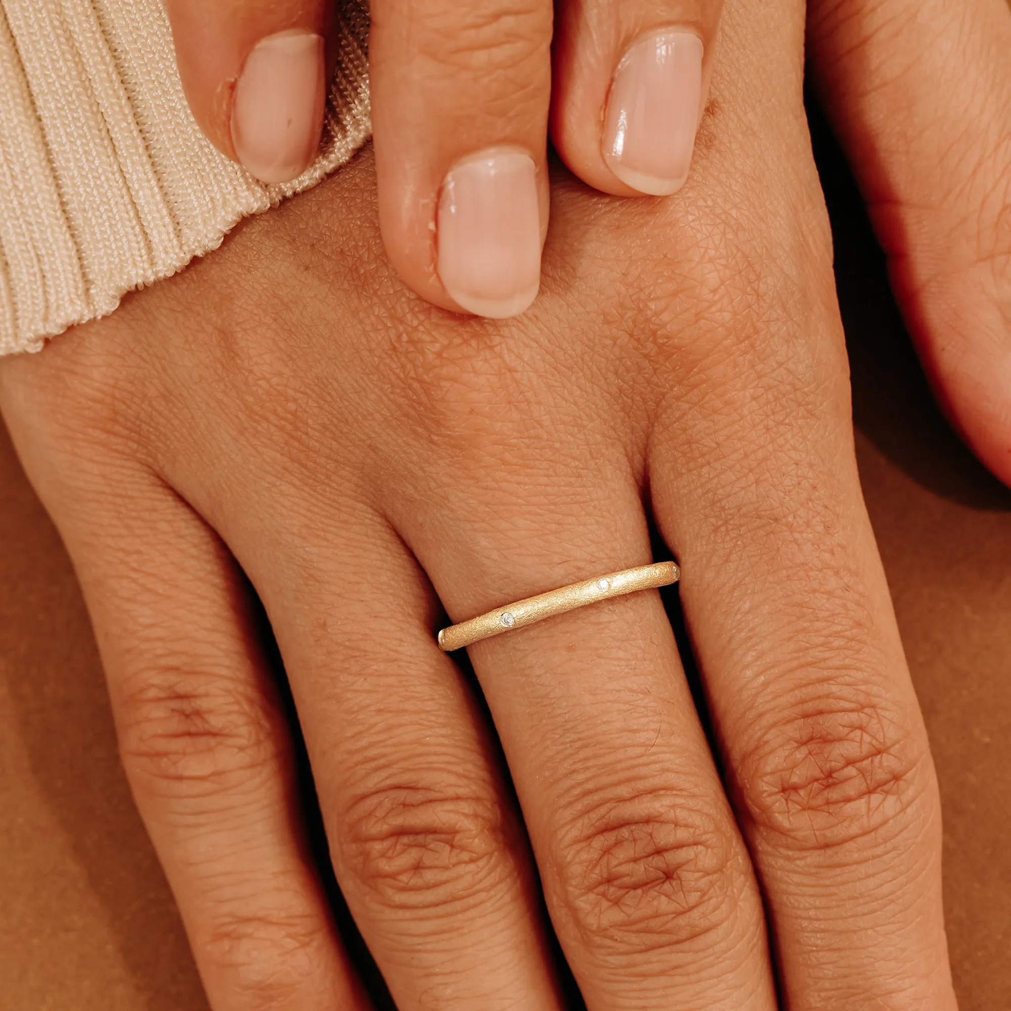 Flush Set Textured Gold Diamond Ring, Raven