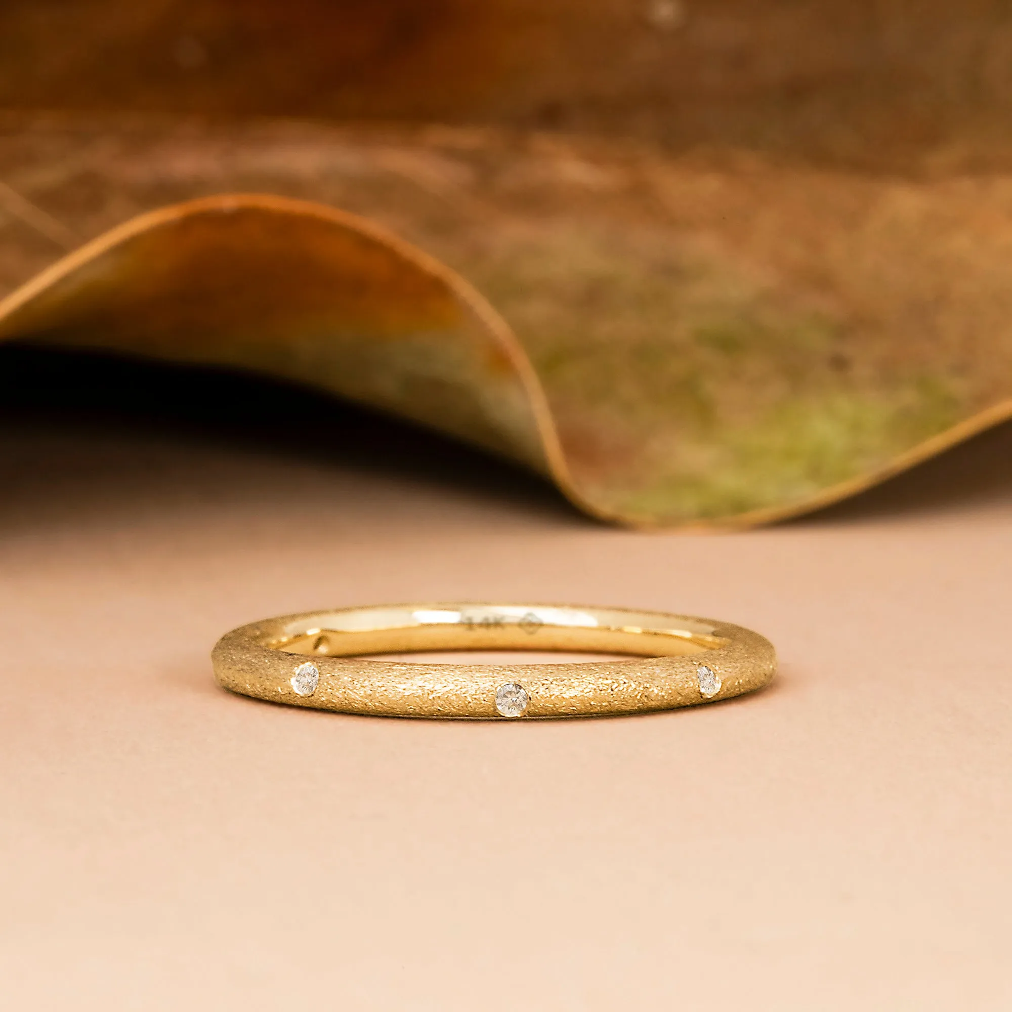 Flush Set Textured Gold Diamond Ring, Raven