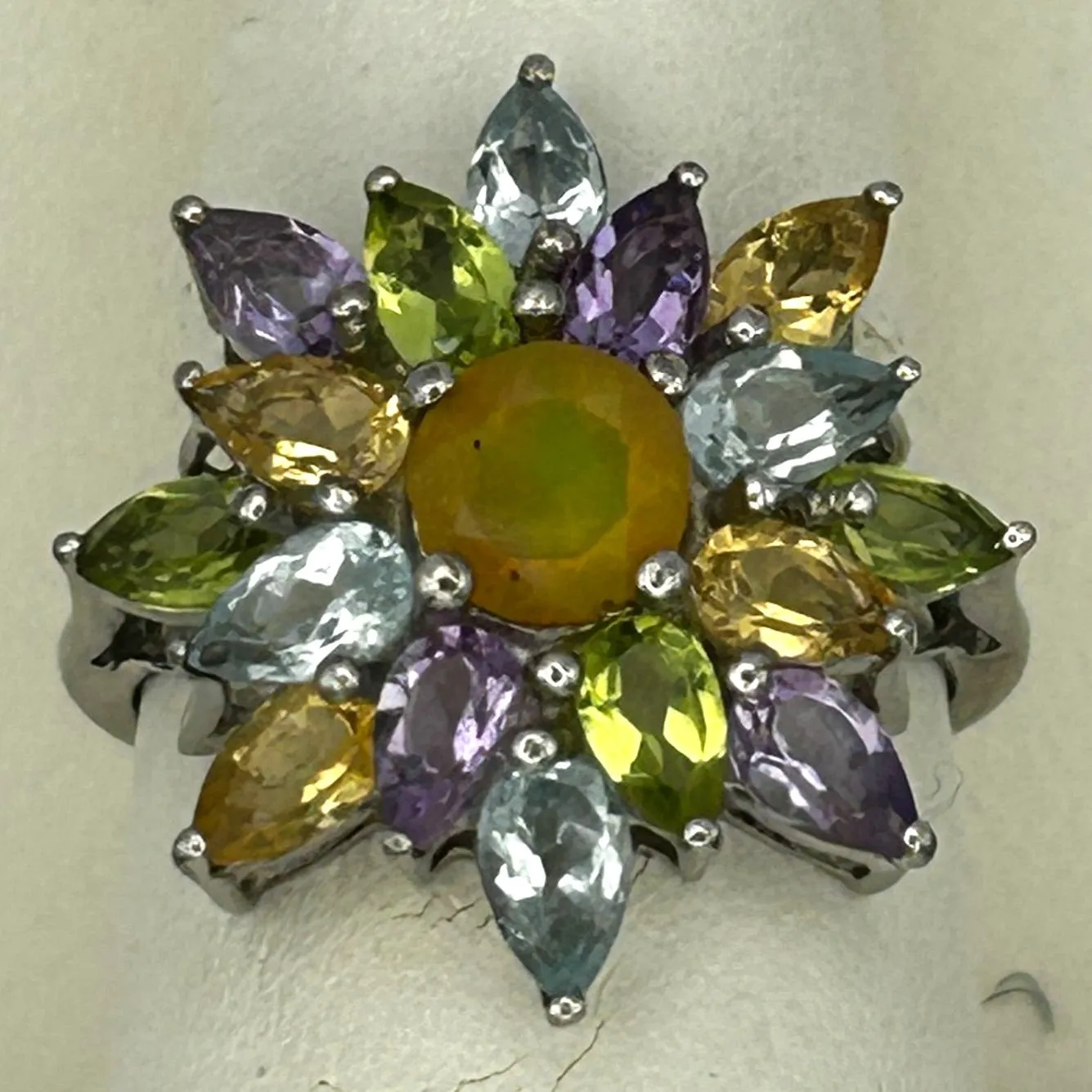Gemstone Flower Ring Opal, Amethyst, Peridot, Golden Citrine, Blue Topaz SIZE 8