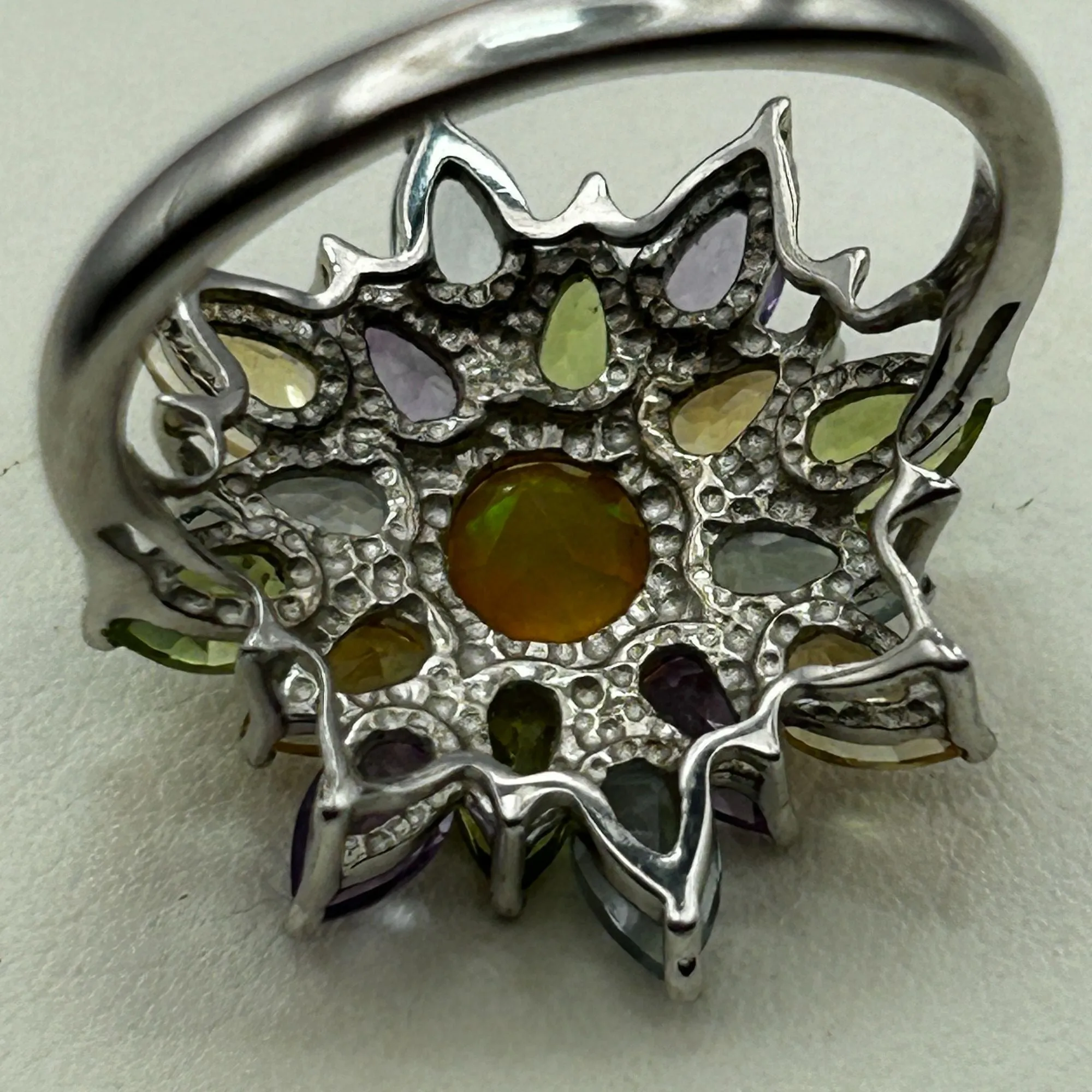 Gemstone Flower Ring Opal, Amethyst, Peridot, Golden Citrine, Blue Topaz SIZE 8