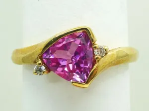 Lab-Created Trillion-Cut Pink Sapphire & CZ Ring 10k Gold Size 7