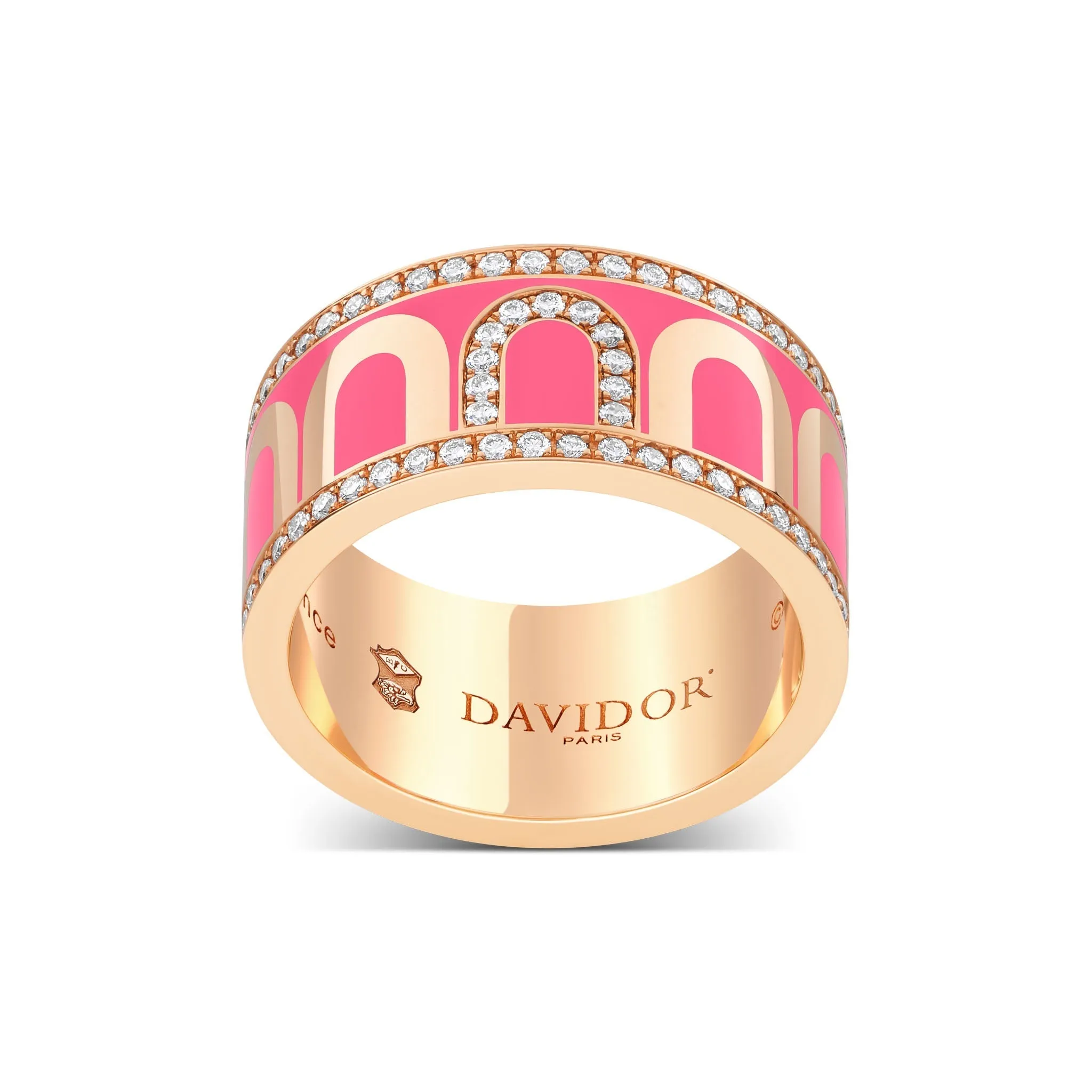 L'Arc de DAVIDOR Ring GM, 18k Rose Gold with Flamant Lacquered Ceramic and Porta Diamonds