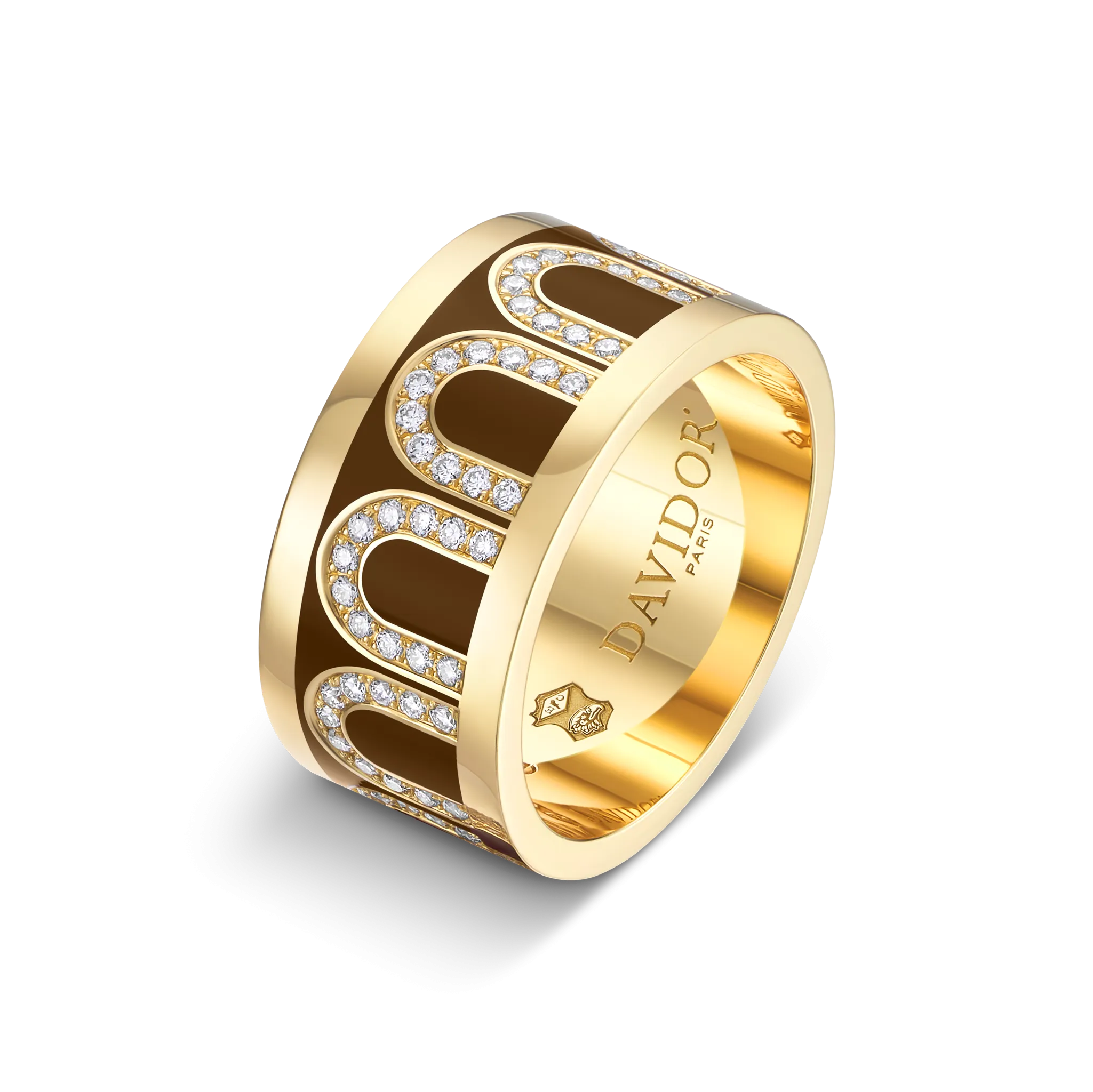 L'Arc de DAVIDOR Ring GM, 18k Yellow Gold with Cognac Lacquered Ceramic and Arcade Diamonds