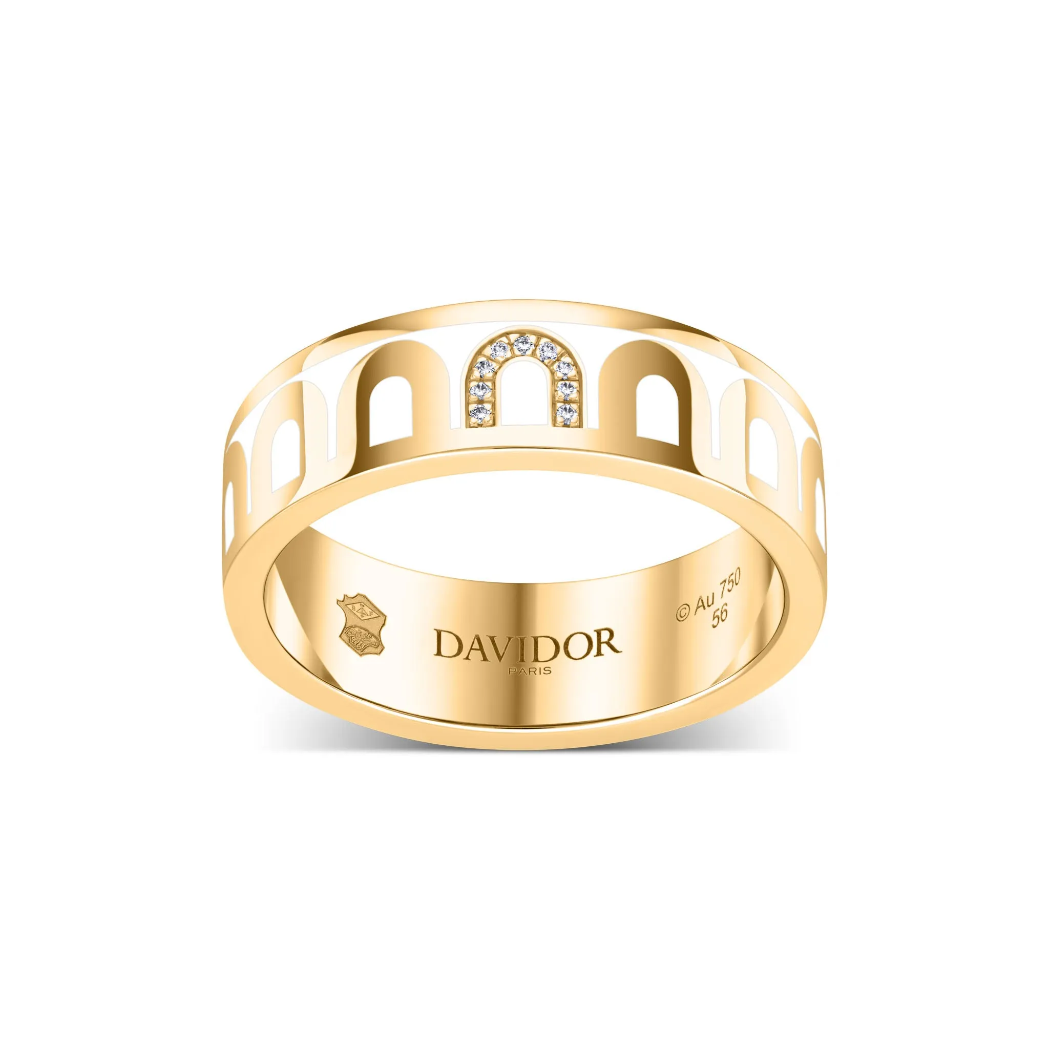 LArc de DAVIDOR Ring MM, 18k Yellow Gold with Neige Lacquered Ceramic and Porta Simple Diamonds