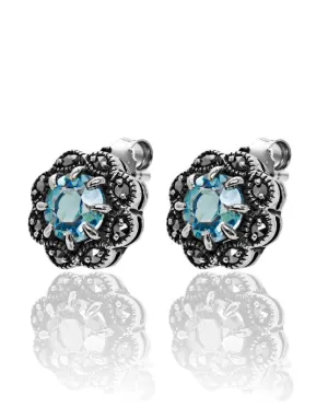 Marcasite and Blue Topaz Flower Studs
