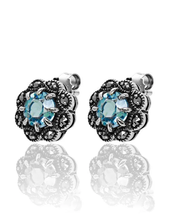 Marcasite and Blue Topaz Flower Studs