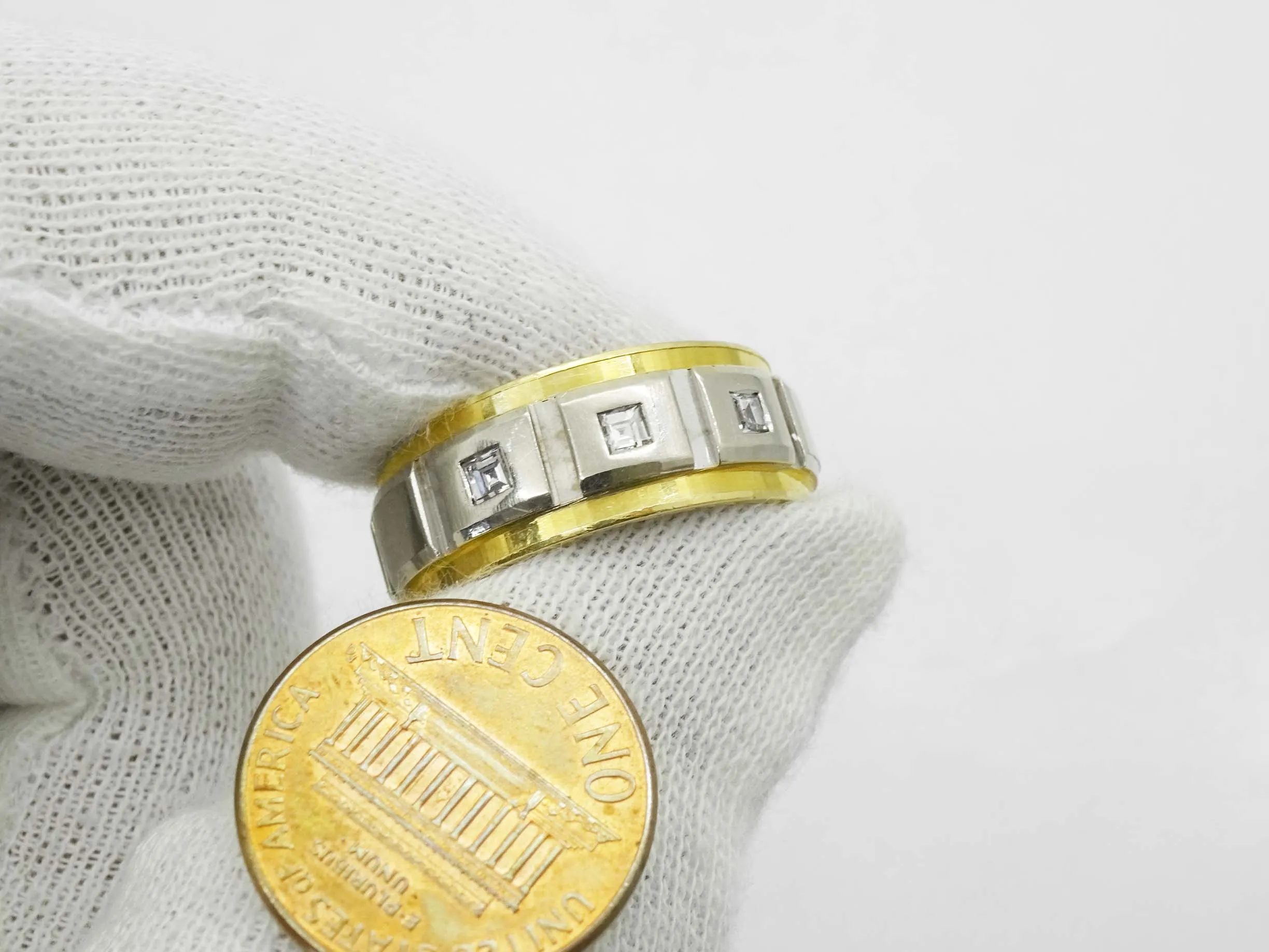 Men's 3-Stone Square Diamond Panel Design Band Ring 14k Two-Tone Gold Size 9.75
