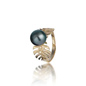 Monstera Tahitian Black Pearl Ring in Gold - 8-9mm