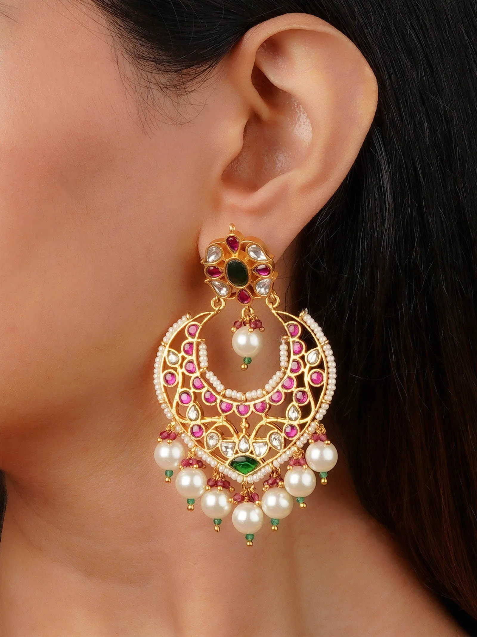 Multicolor Gold Plated Jadau Kundan Earrings - ME1300M