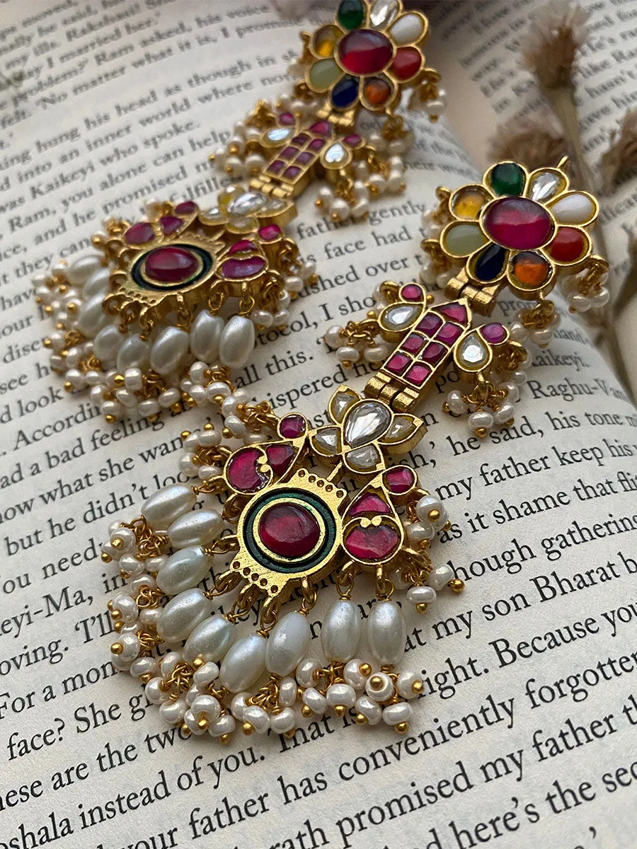Multicolor Gold Plated Jadau Kundan Earrings - ME927M