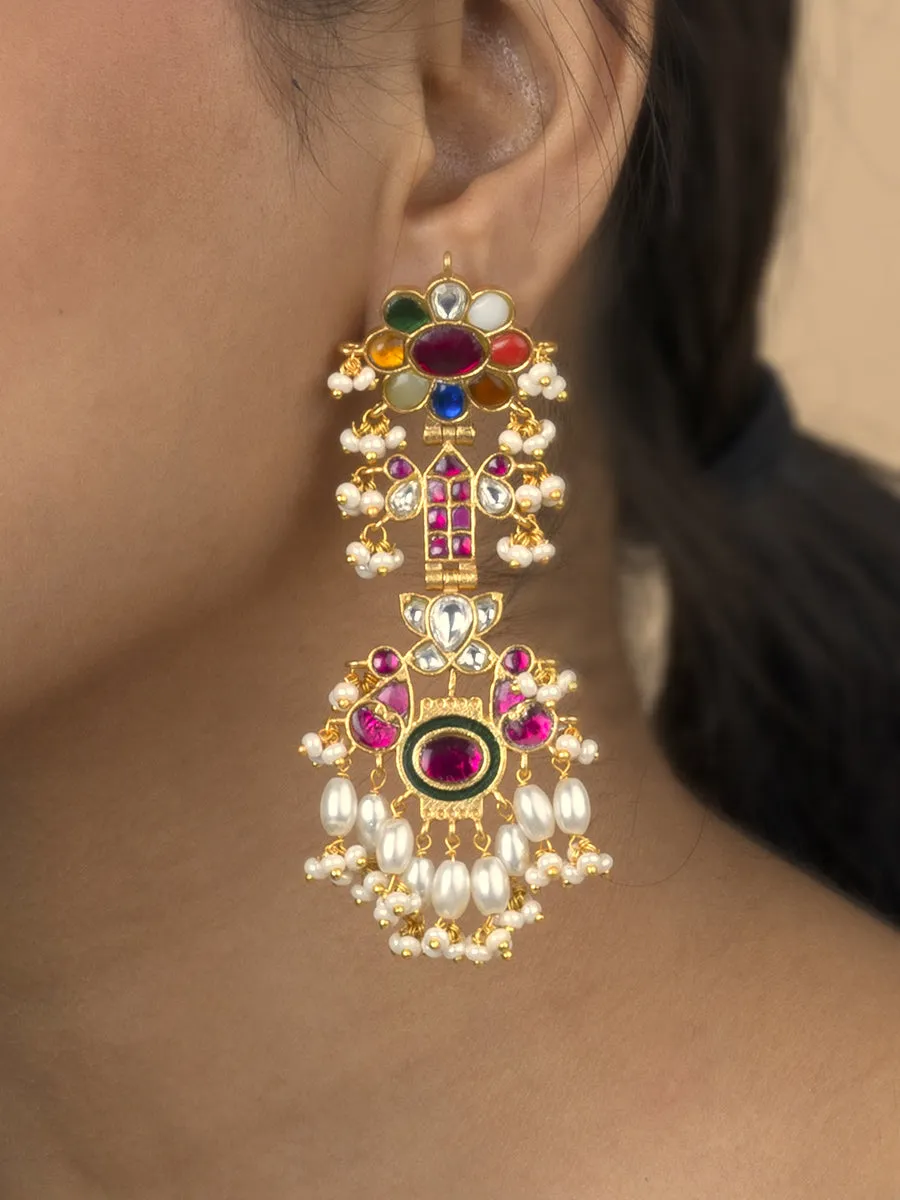 Multicolor Gold Plated Jadau Kundan Earrings - ME927M