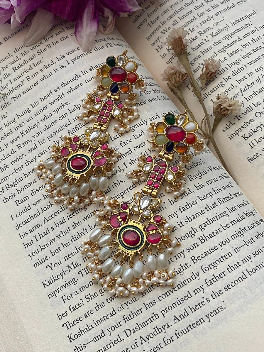 Multicolor Gold Plated Jadau Kundan Earrings - ME927M