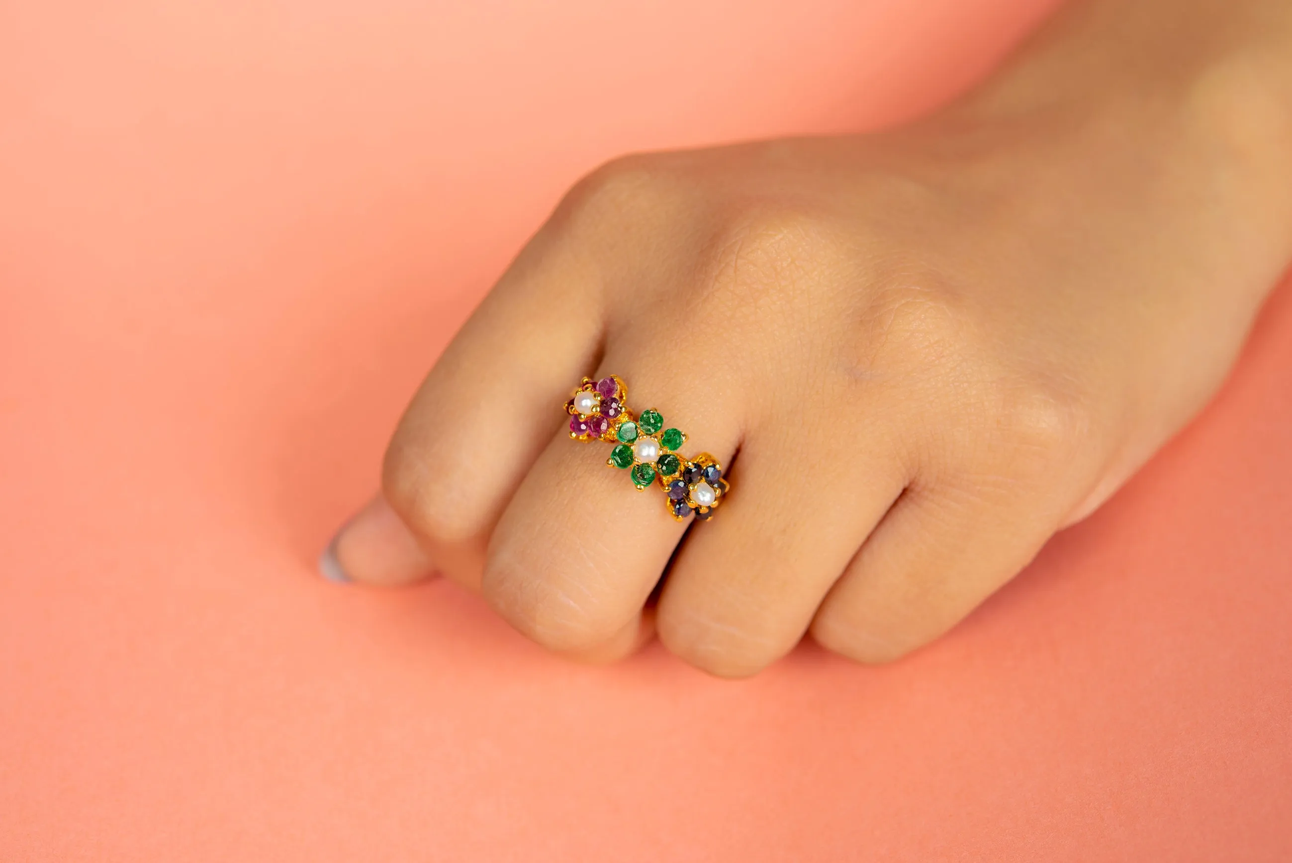 NATURAL RUBY, EMERALD AND SAPPHIRE RING