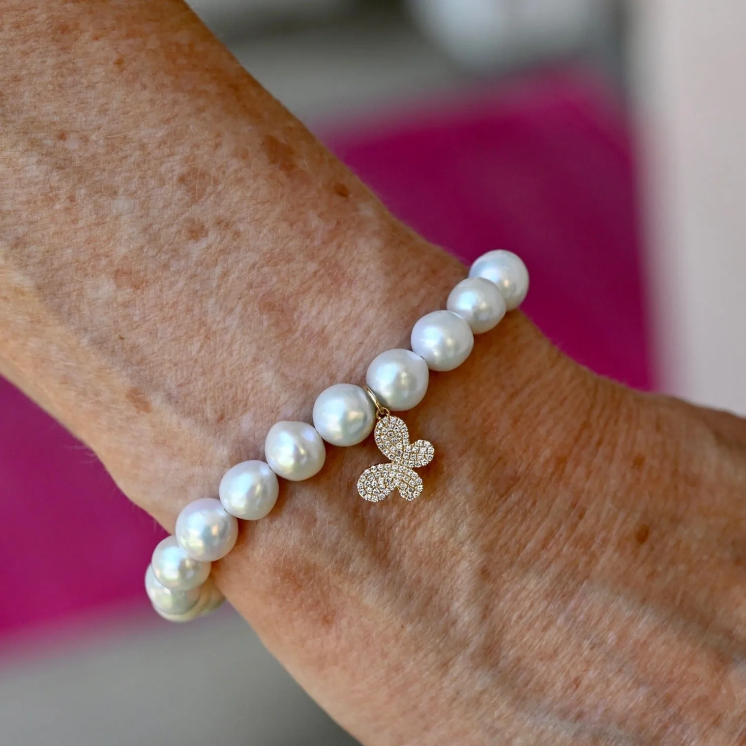 Pearl Bracelet with Diamond Butterfly Charm