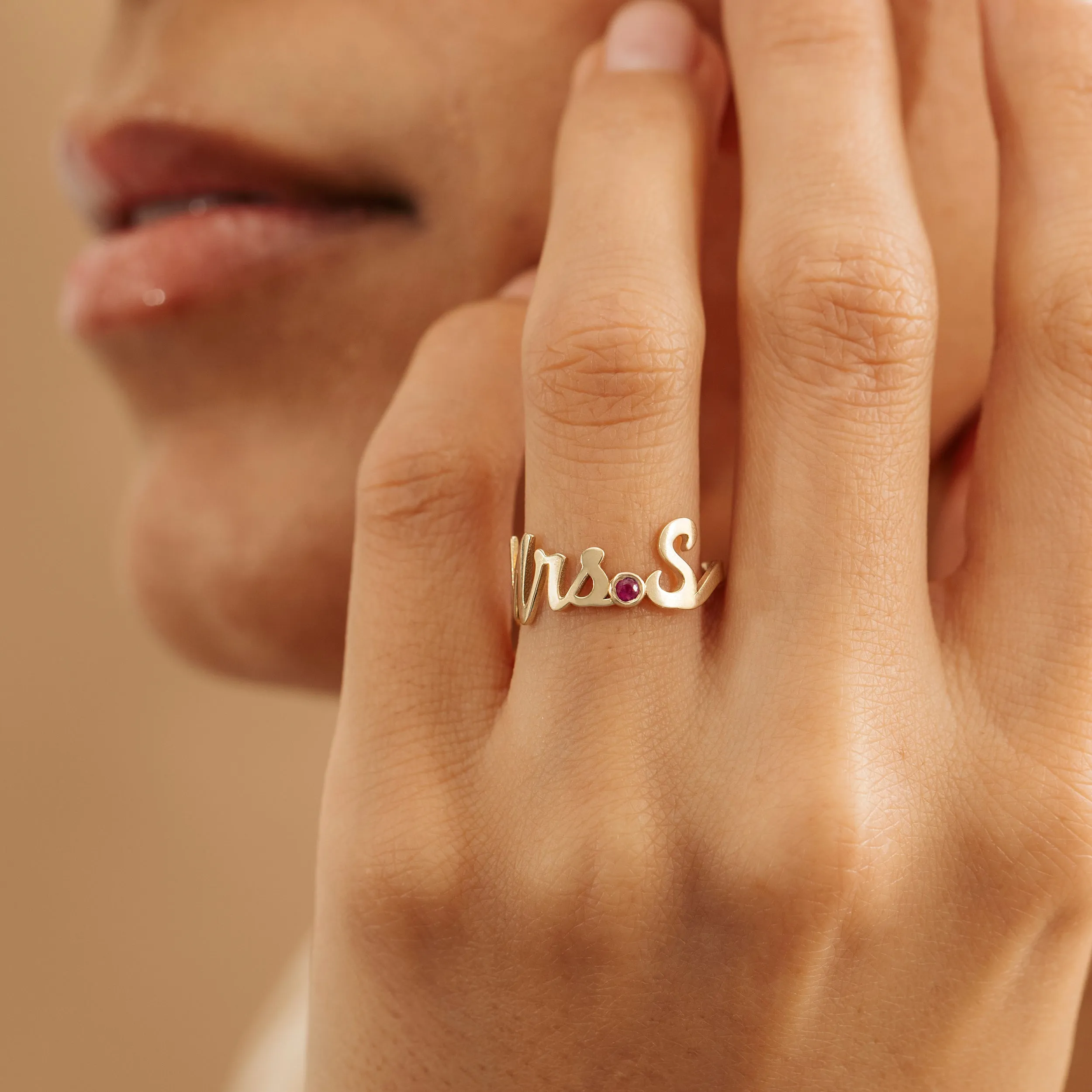 Solid Gold Mrs. Title and Initial Ring with Stone, Natasha