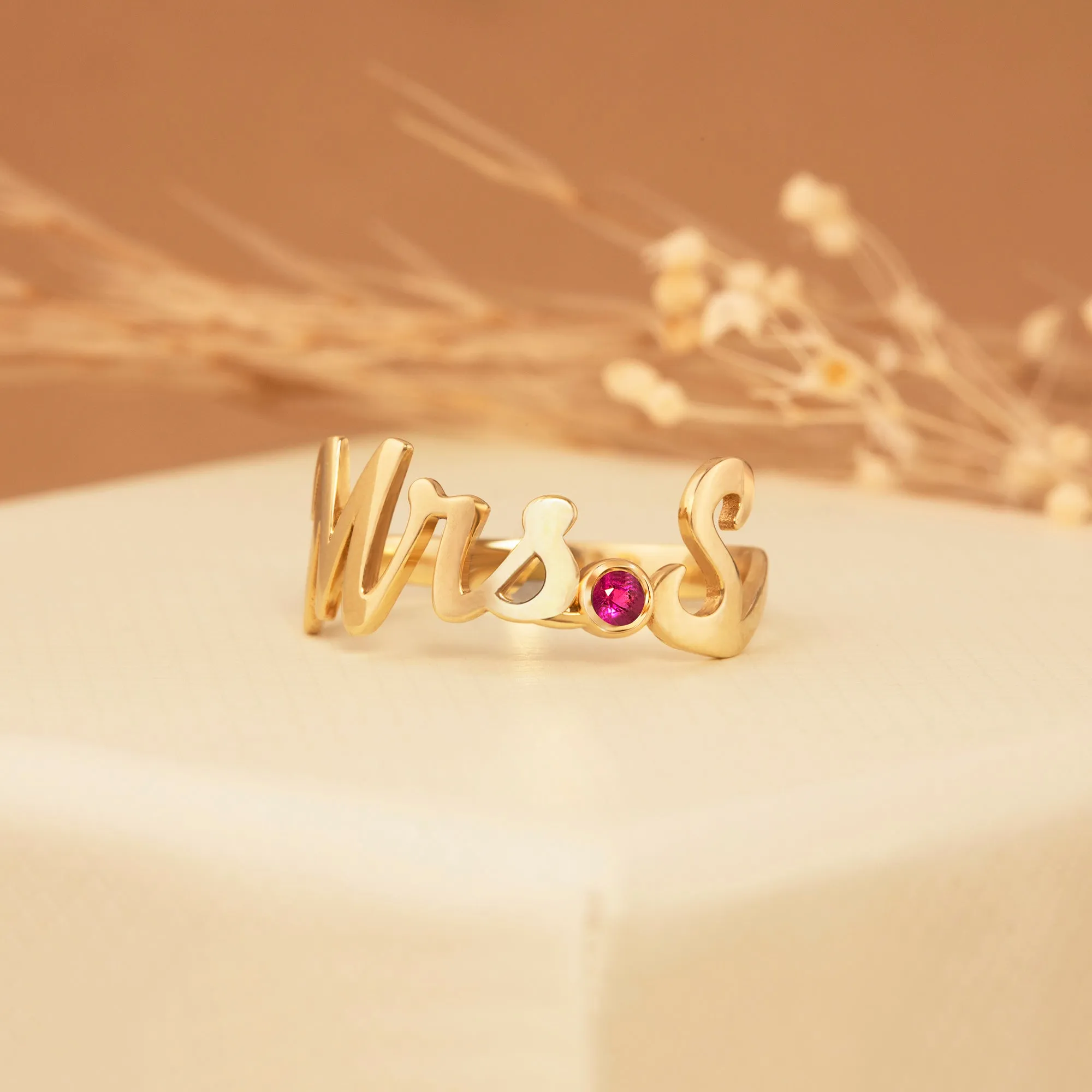 Solid Gold Mrs. Title and Initial Ring with Stone, Natasha