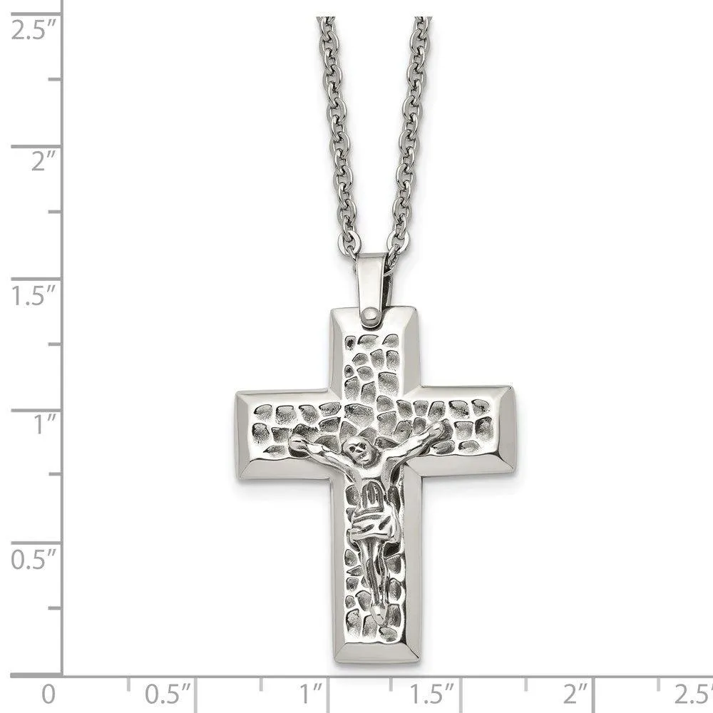 Stainless Steel Polished & Textured Crucifix 20in Necklace
