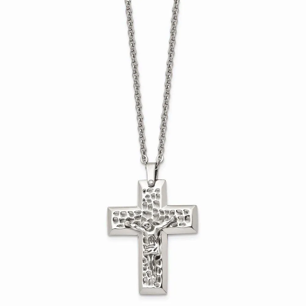 Stainless Steel Polished & Textured Crucifix 20in Necklace