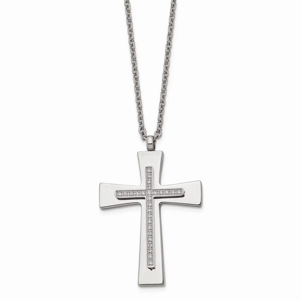 Stainless Steel Polished CZ Cross Necklace
