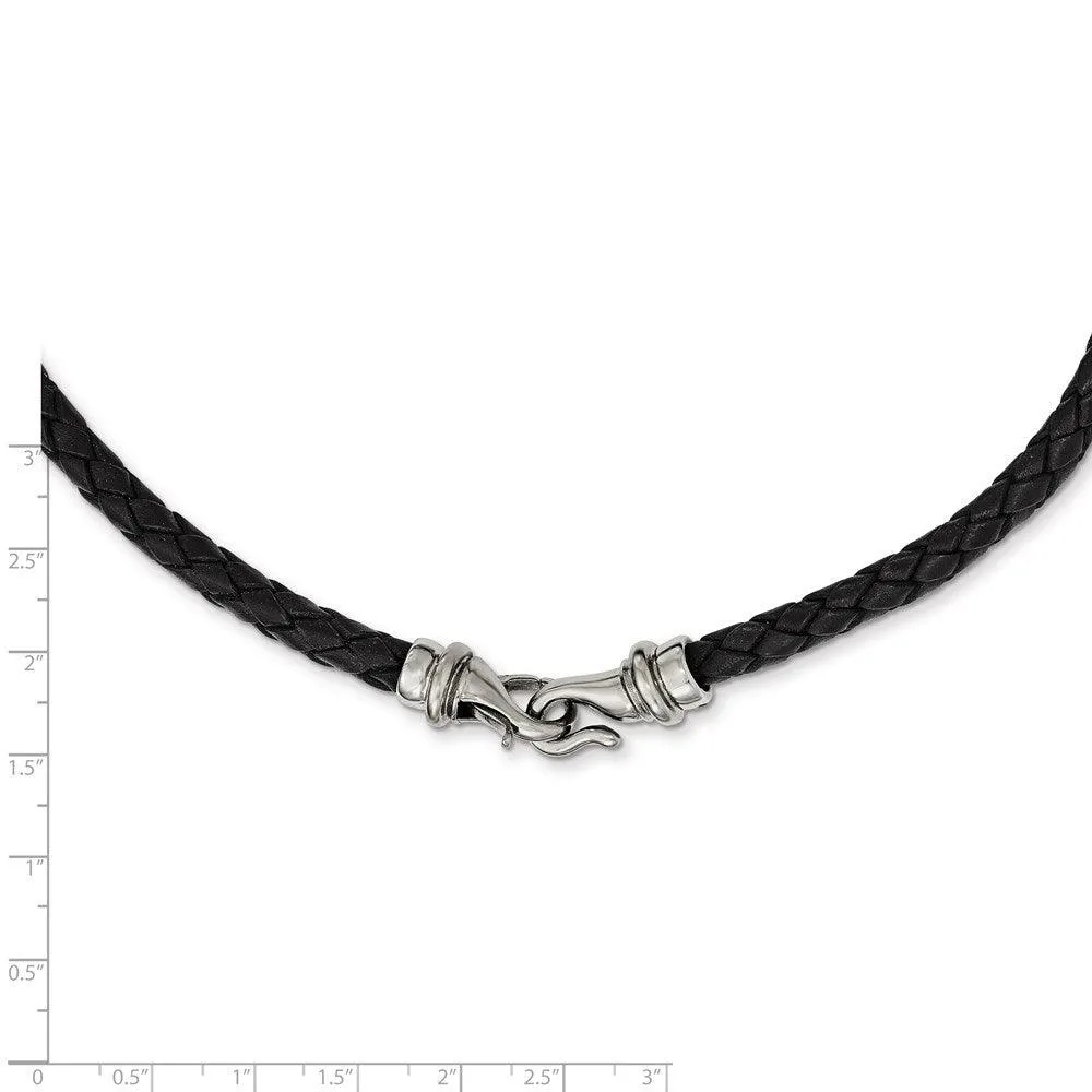 Stainless Steel Polished Woven Black Leather Necklace