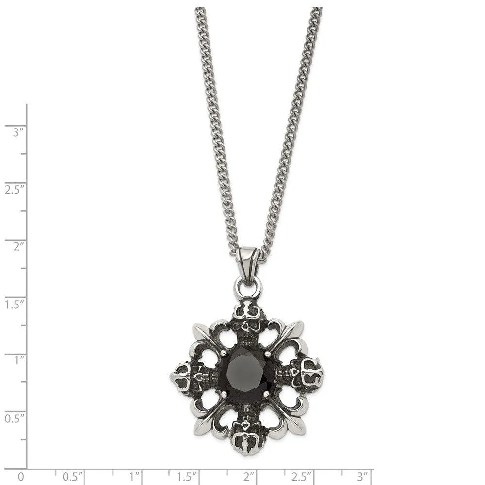 Stainless Steel Skulls & Fleur de lis w/Black CZ 22in Necklace