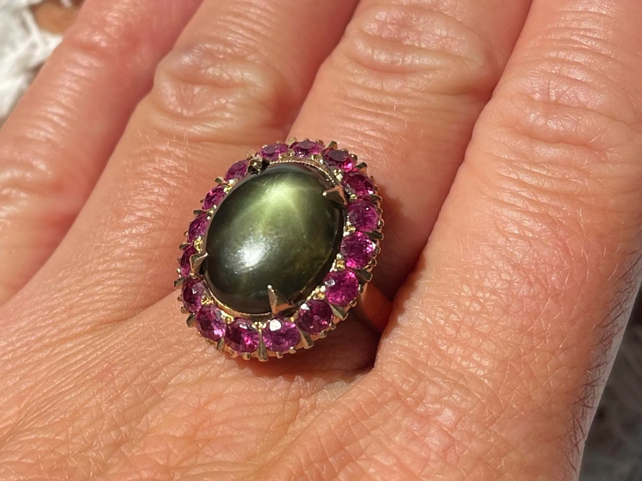 Star Sapphire Ruby Halo Ring in 18k Yellow Gold