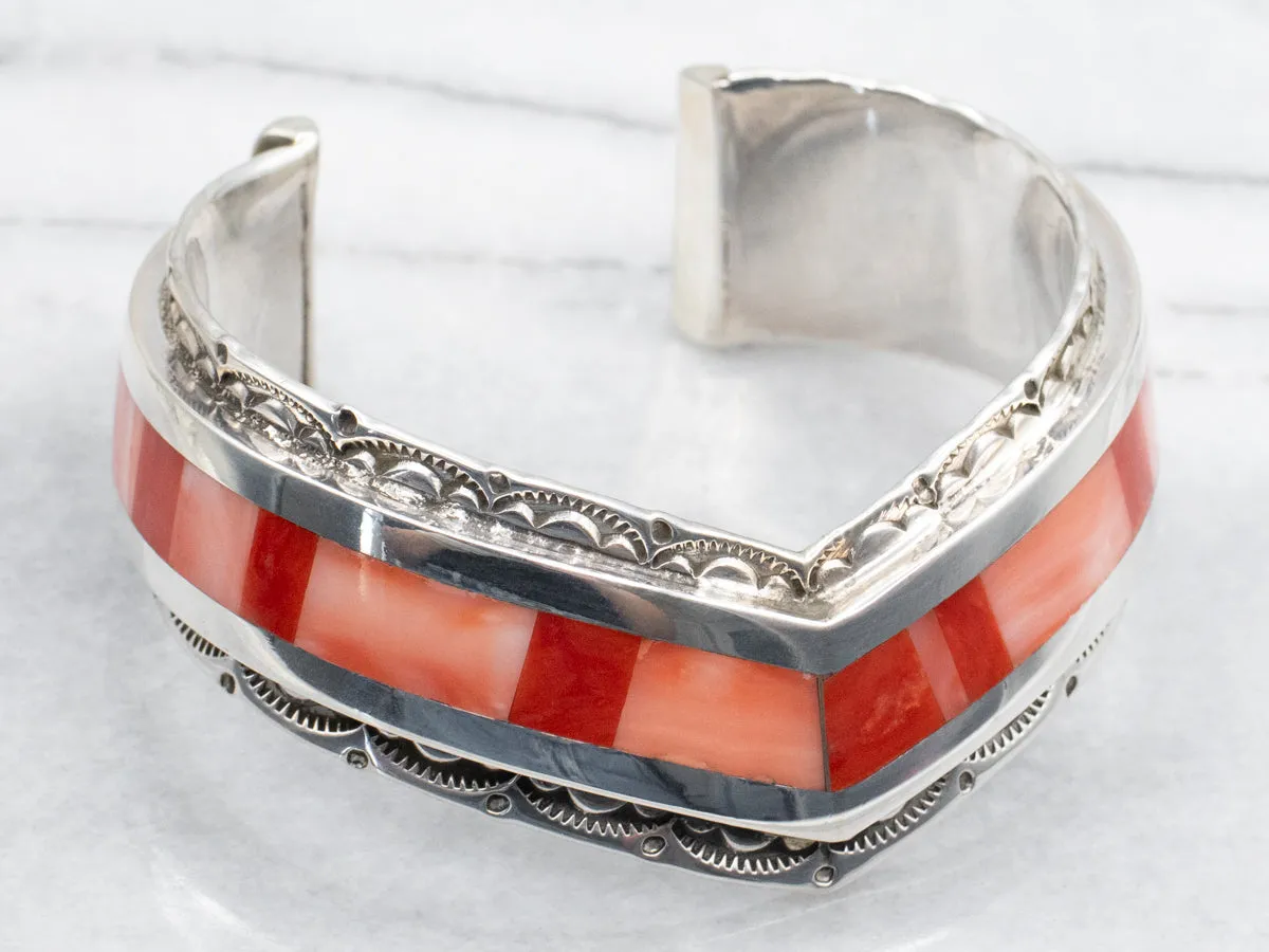 Sterling Silver Zuni Made Coral and Spiny Oyster Cuff Bracelet