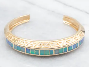 Stunning Yellow Gold Opal Inlay Cuff Bracelet