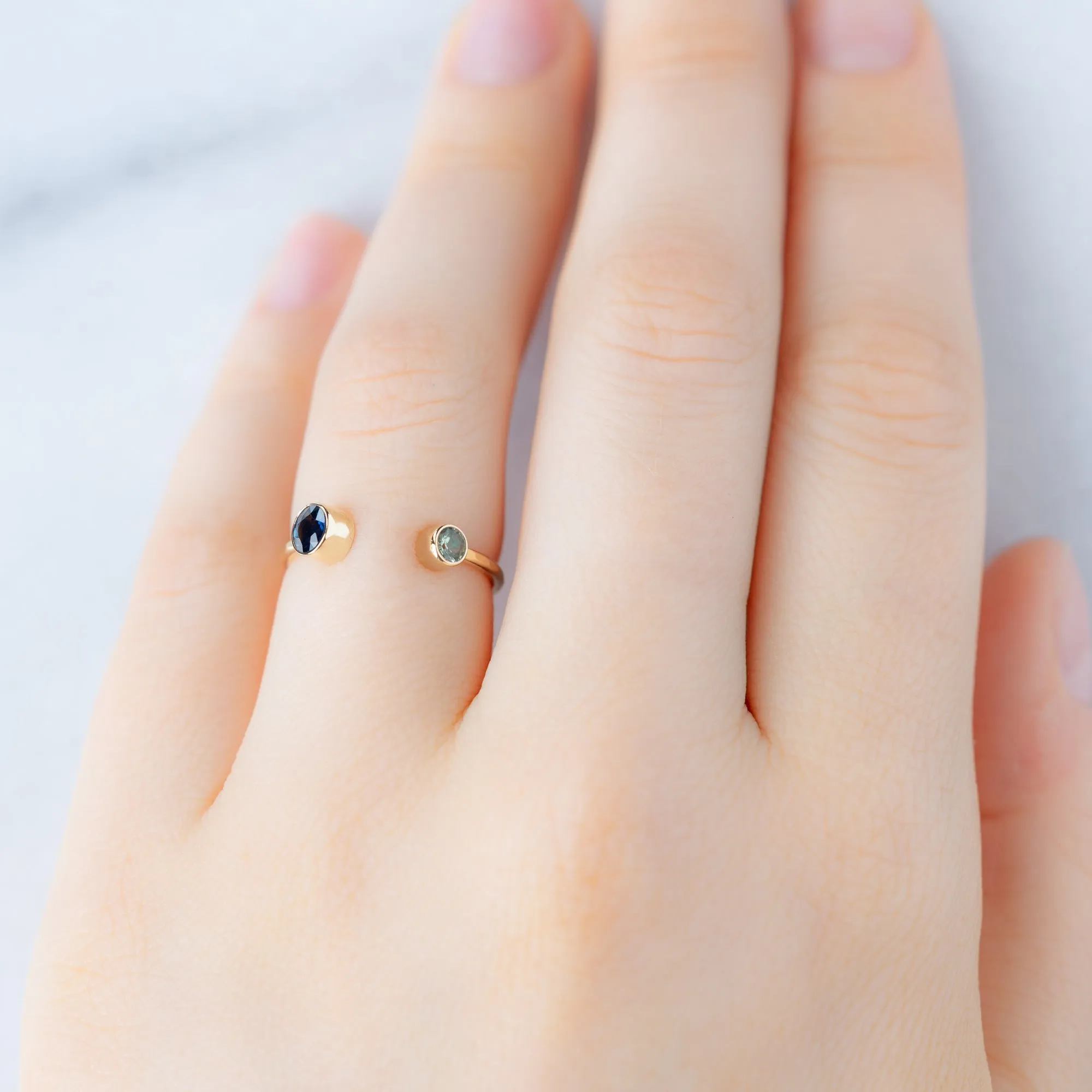 The Open Cuff Blue   Green Sapphire Ring | Yellow Gold or Sterling Silver