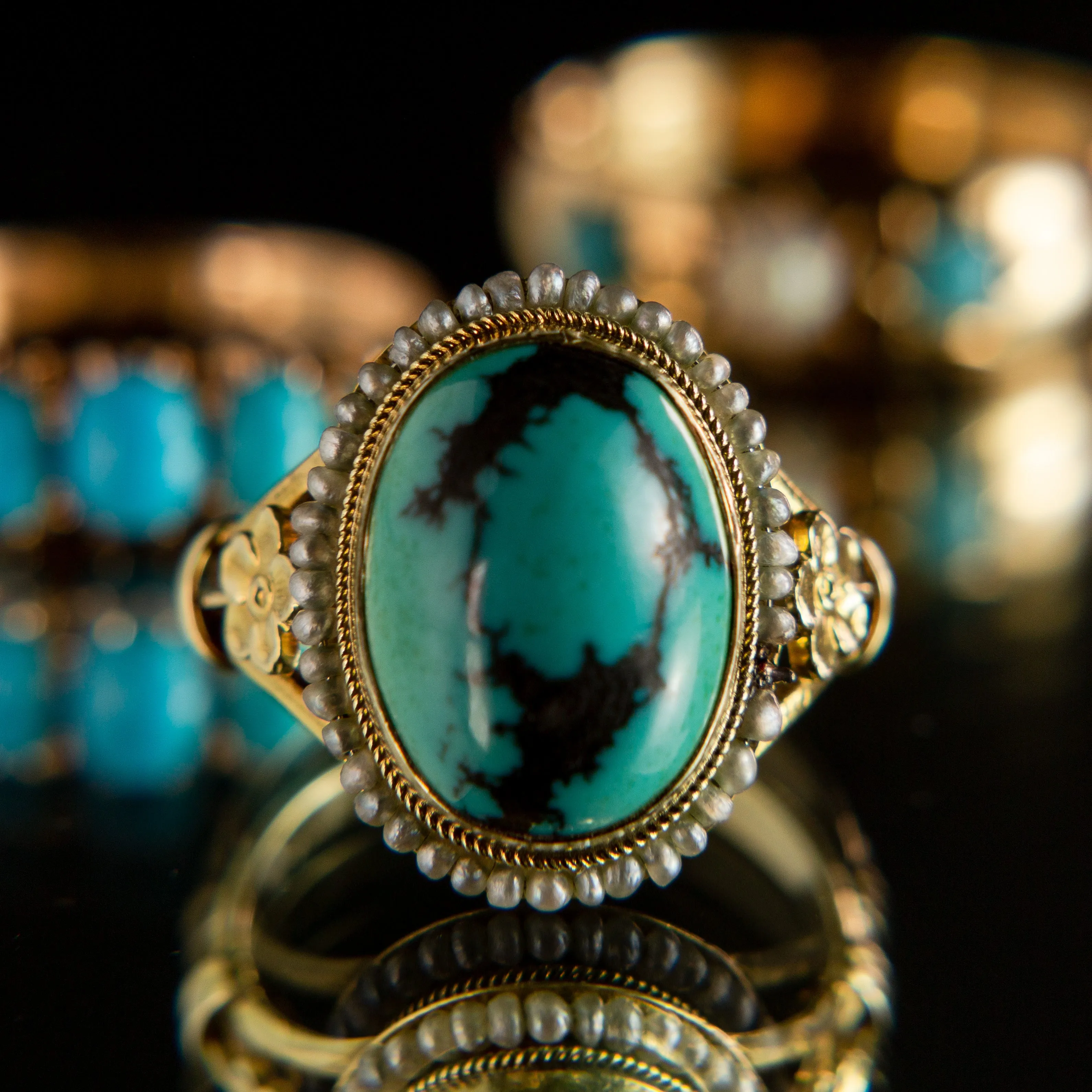 Turquoise Cabochon   Seed Pearl Halo Ring | 14k Gold