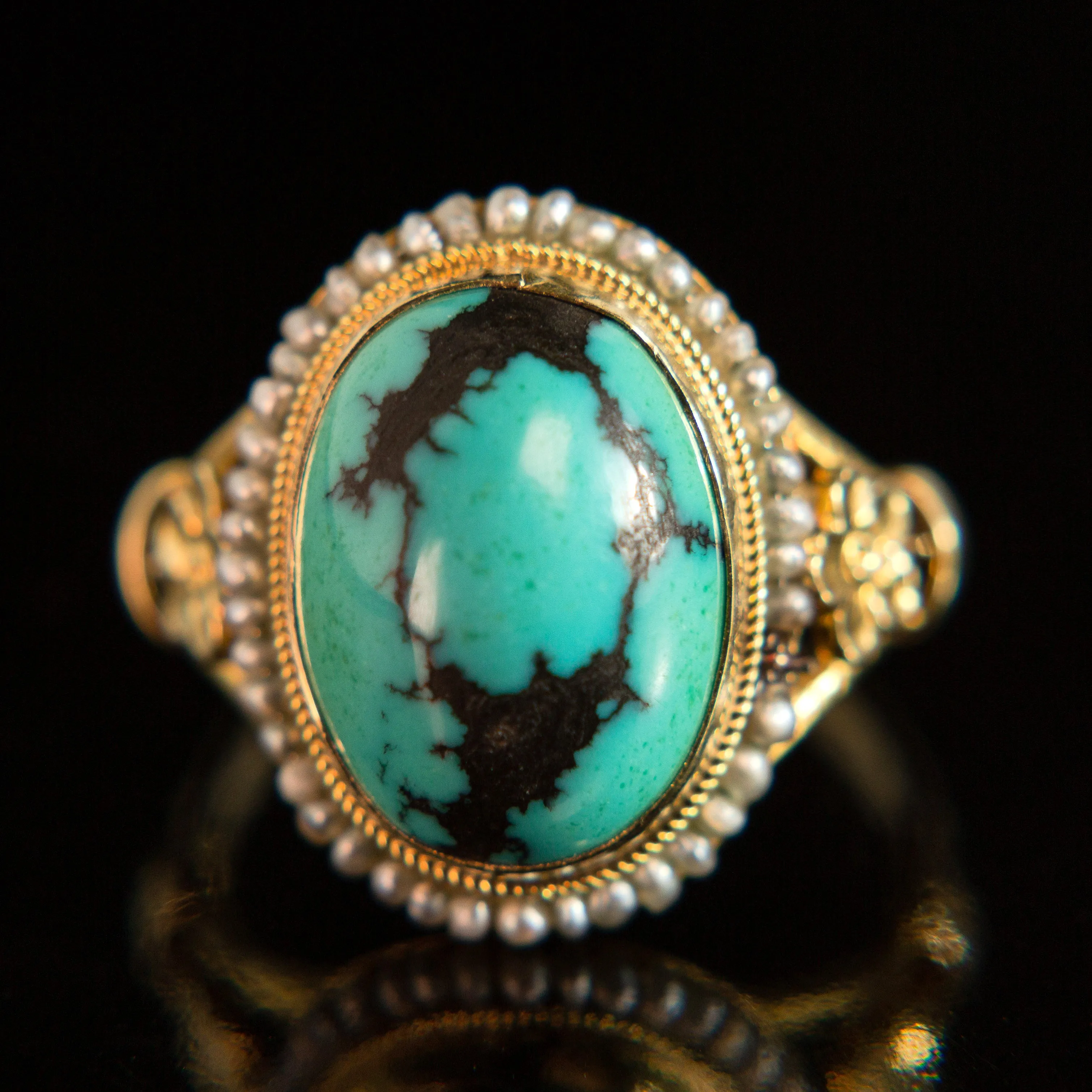 Turquoise Cabochon   Seed Pearl Halo Ring | 14k Gold
