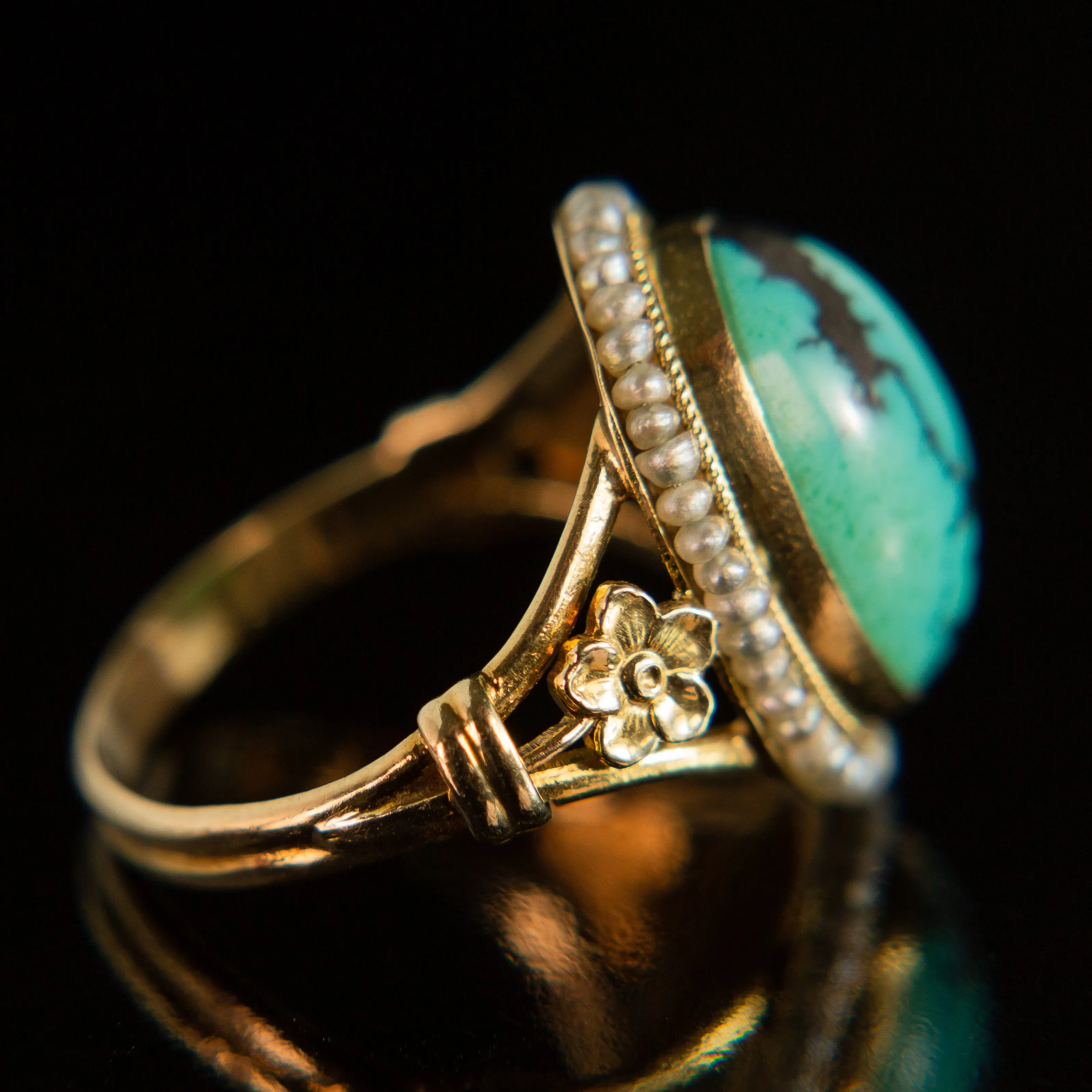 Turquoise Cabochon   Seed Pearl Halo Ring | 14k Gold