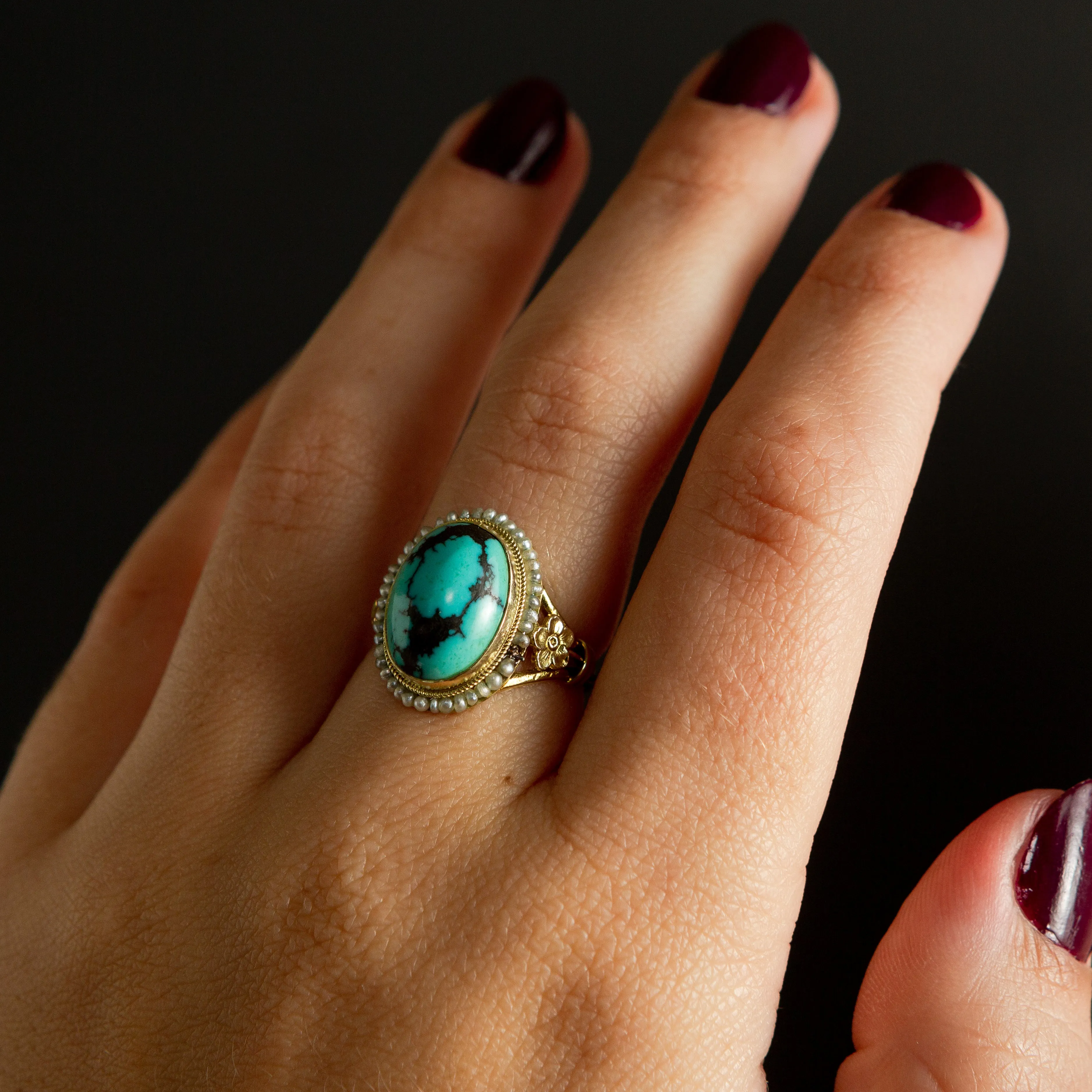 Turquoise Cabochon   Seed Pearl Halo Ring | 14k Gold