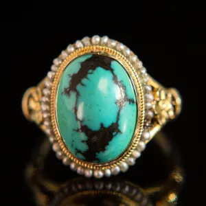 Turquoise Cabochon   Seed Pearl Halo Ring | 14k Gold